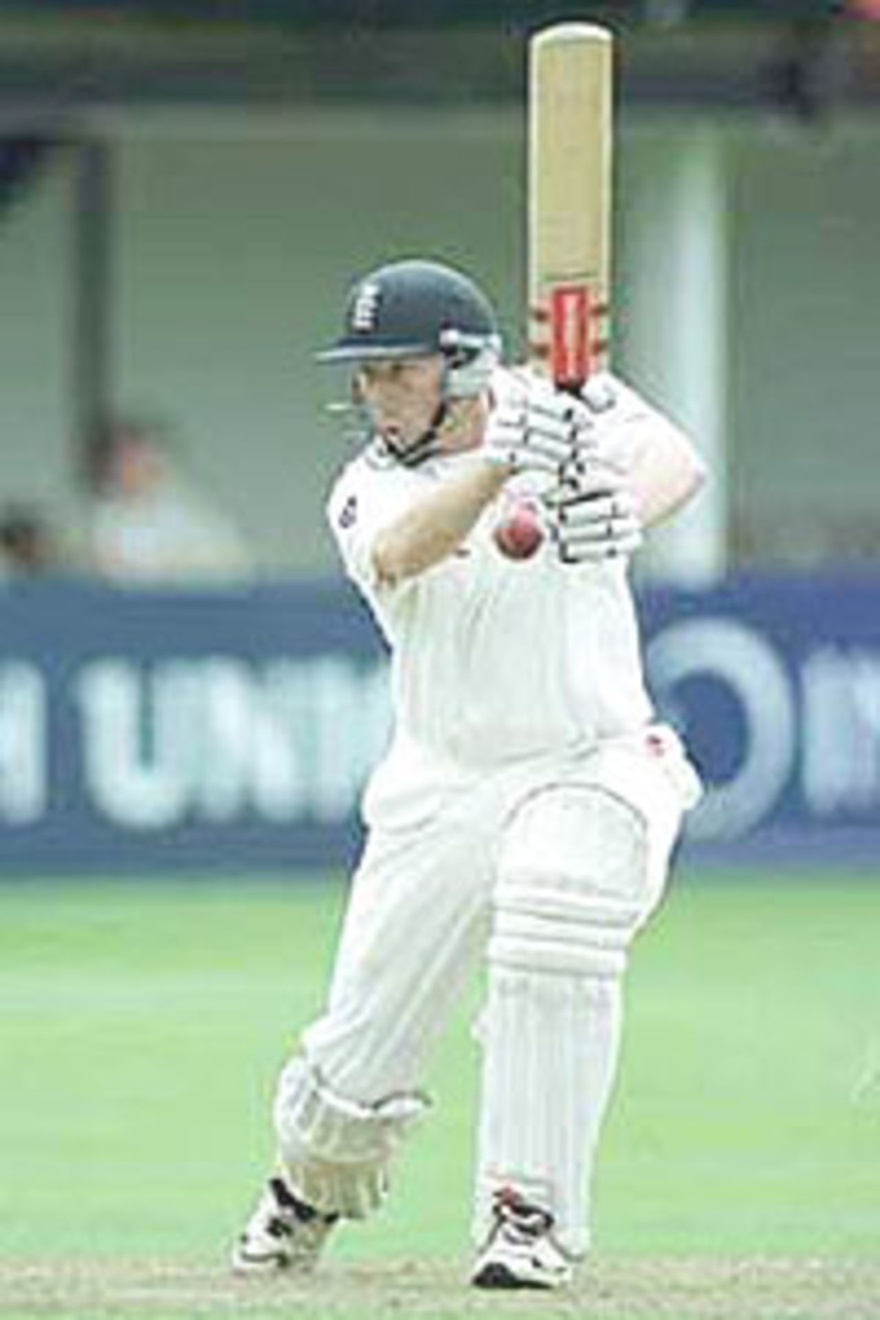 Mike Atherton attempts a square drive in the course of his century knock, PPP healthcare County Championship Division One, 2000, Somerset v Lancashire, County Ground, Taunton, 12-15 July 2000(Day 1).