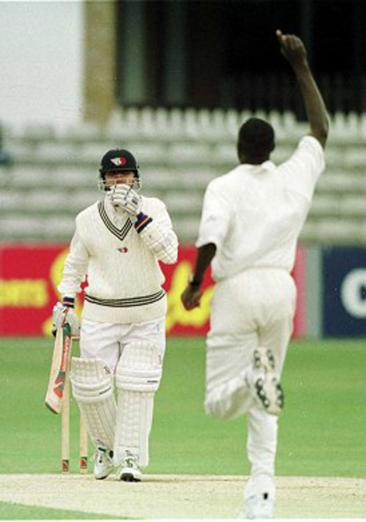 24 June 2000. Reon King of the West Indies celebrates taking the wicket of Michael Papps of New Zealand 'A' caught behind by Wayne Phillip on the final day of the match at the County Ground at Chelmsford in Essex.