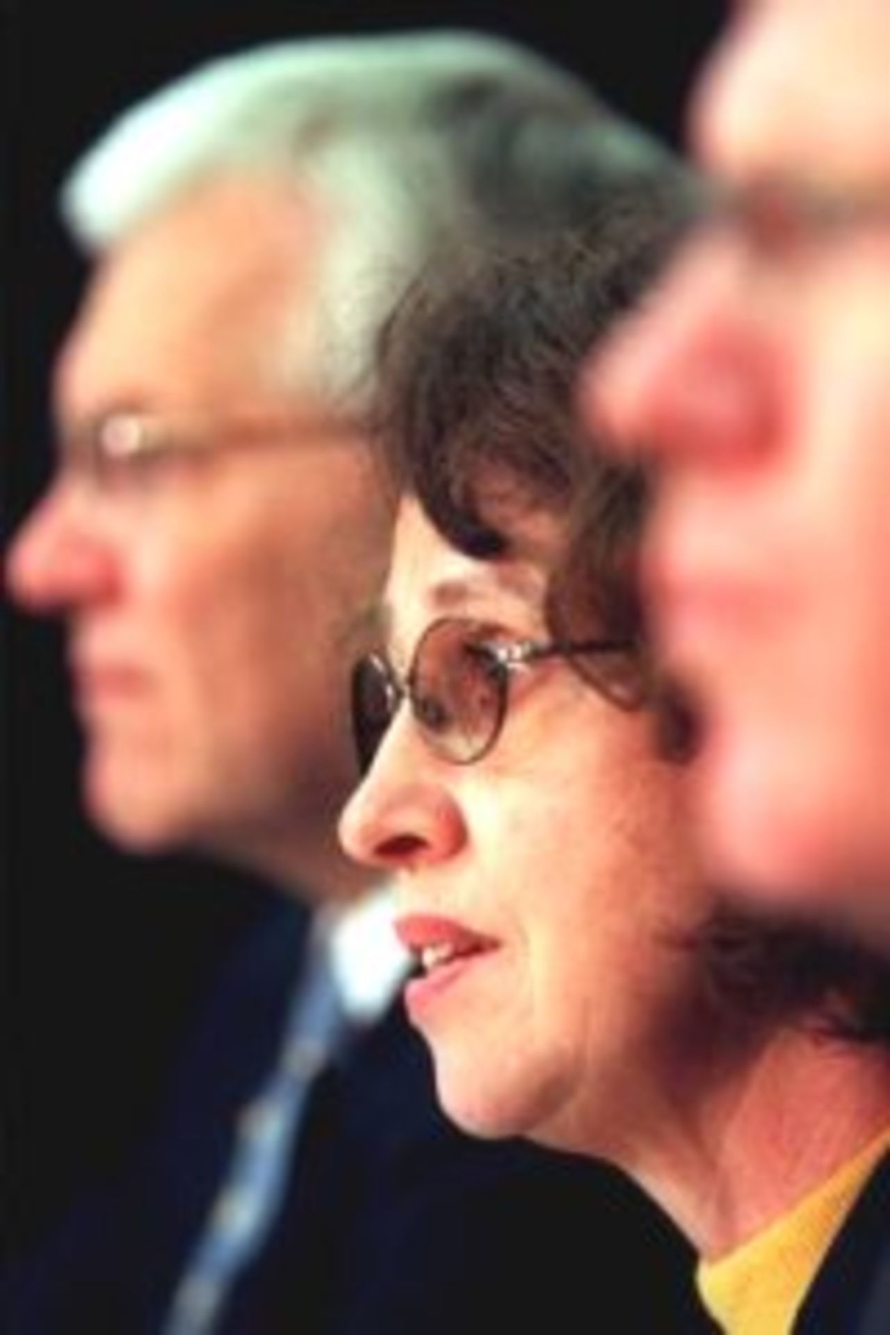 18 Jul 2000: Professor Jan McMillen, the Executive Director of the Australian Institute of Gambling Research addresses today's media conference, surrounded by Malcolm Speed, CEO of the Australian Cricket Board, and Wayne Jackson, CEO of the Australian Football League, held at the MCG, Melbourne, Australia.
