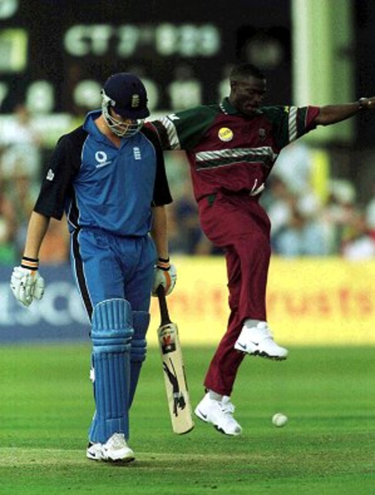 20 Jul 2000: Andrew Flintoff of England is out to Reon King caught by Ridley Jacobs for 2 during the NatWest Series One Day International between England and West Indies at Trent Bridge, Nottingham.