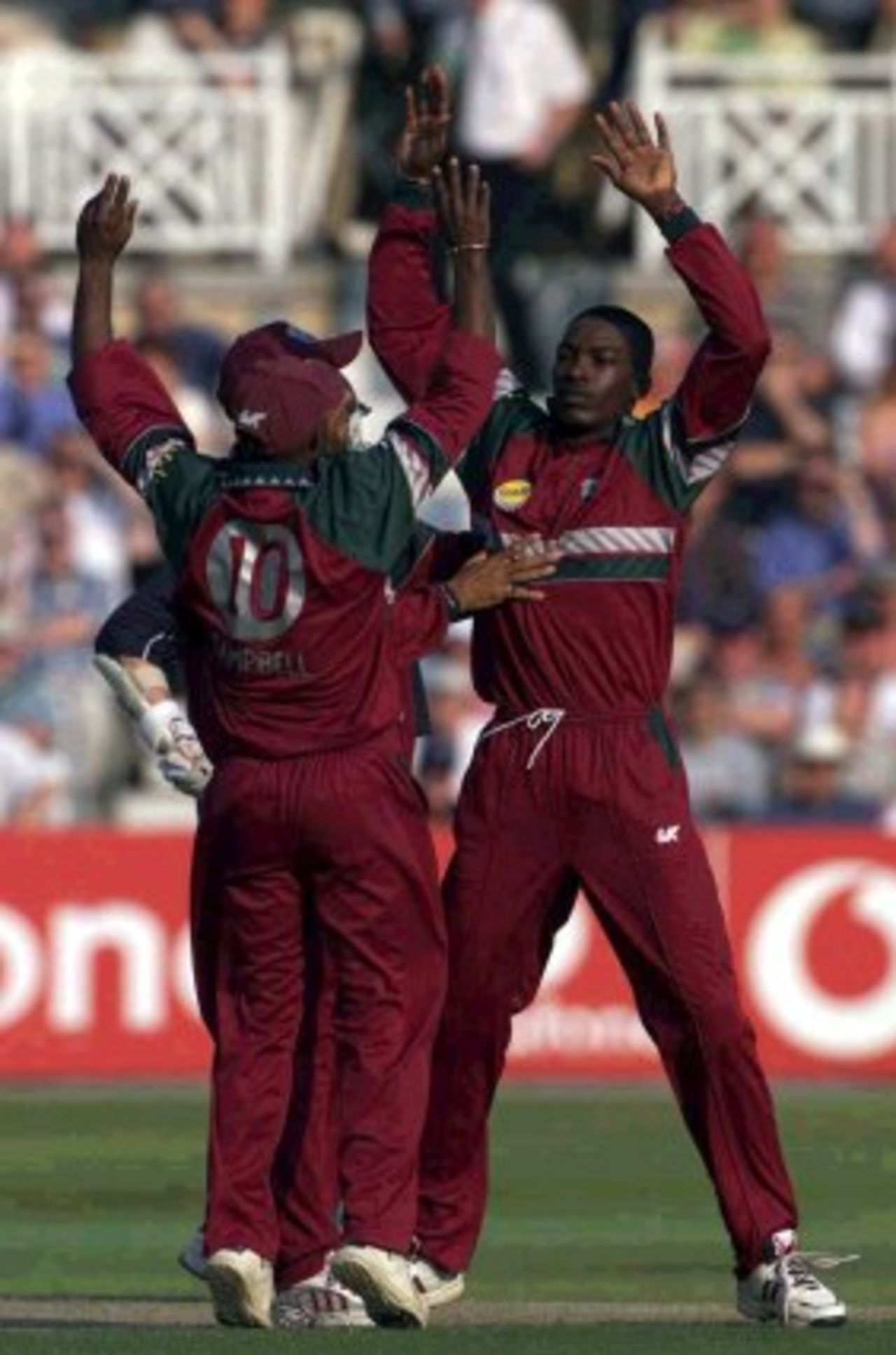 20 Jul 2000: Chris Gayle of the West Indies soaks up the praise after claiming the wicket of Darren Gough of England during the NatWest Series One Day International between England and West Indies at Trent Britdge in Nottingham.