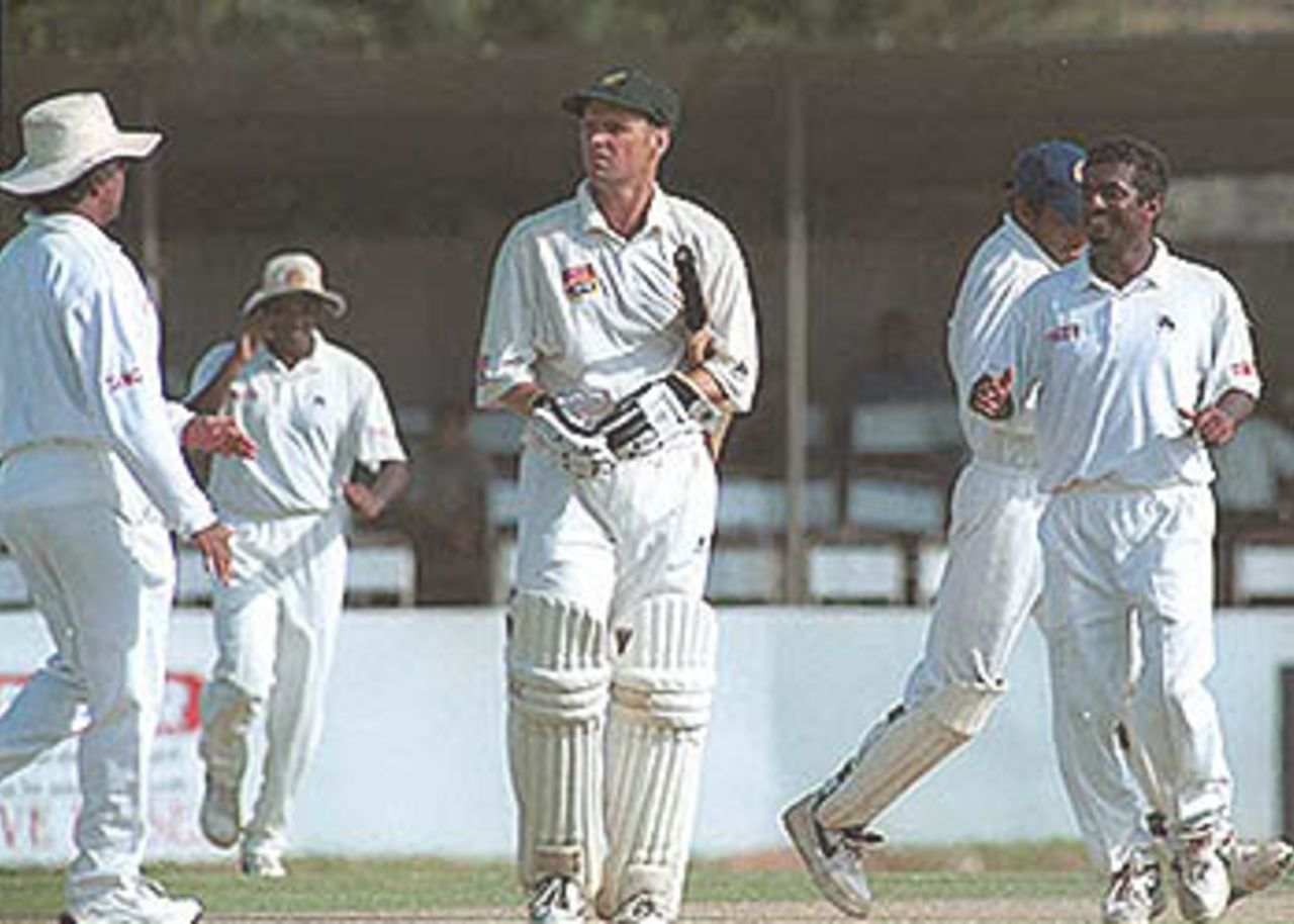 Gary Kirsten walks to the pavilion after being caught behind off Muralitharan, South Africa in Sri Lanka, 2000/01, 1st Test, Sri Lanka v South Africa, Galle International Stadium, 20-24 July 2000 (Day 2).