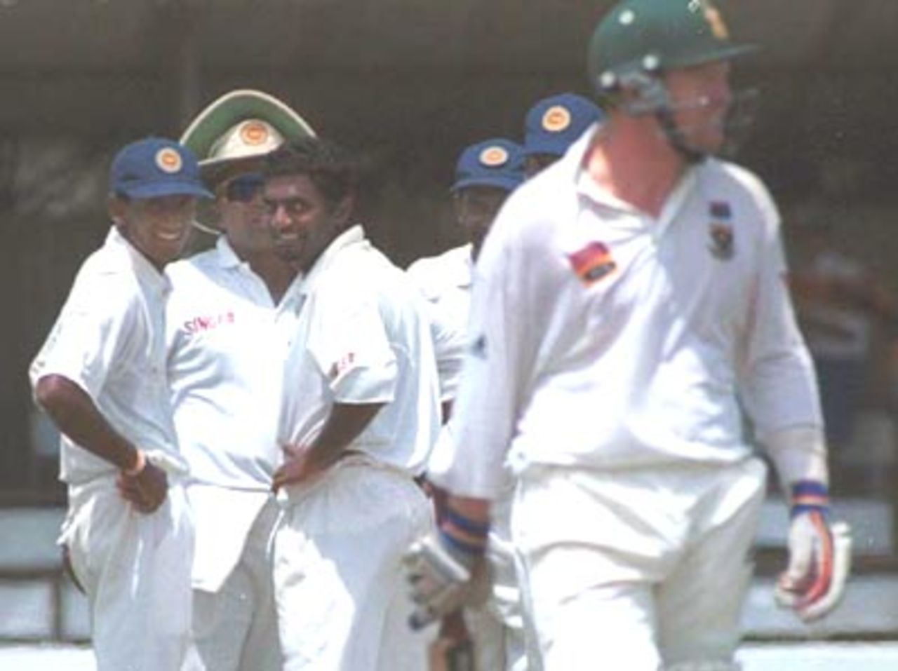 The Lankans celebrate when Cullinan was finally dismissed after he made 114, South Africa in Sri Lanka, 2000/01, 1st Test, Sri Lanka v South Africa, Galle International Stadium, 20-24 July 2000 (Day 3).