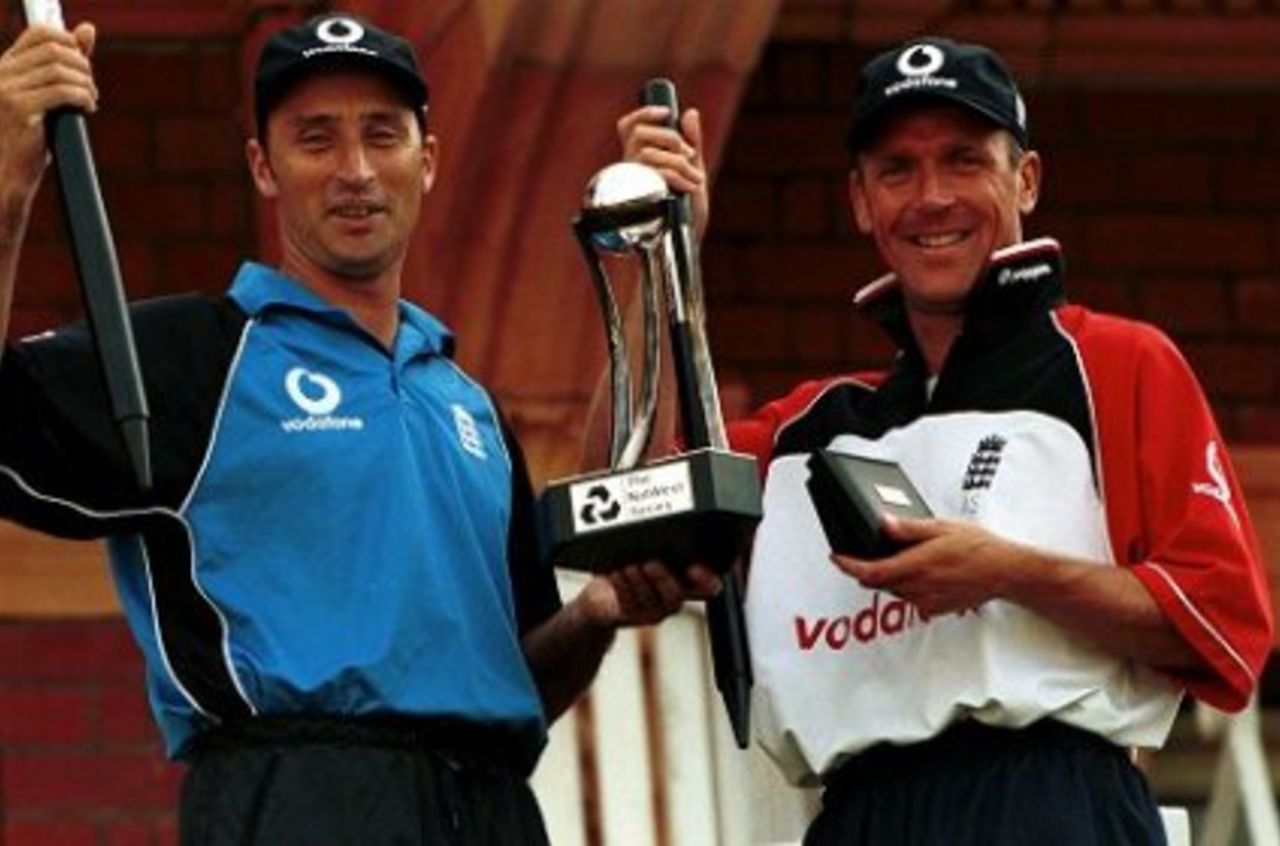 22 Jul 2000: Captain Nasser Hussain and Alec Stewart of England with the NatWest triangular trophy after their victory over Zimbabwe in the Final of the NatWest Triangular series at Lord's, London