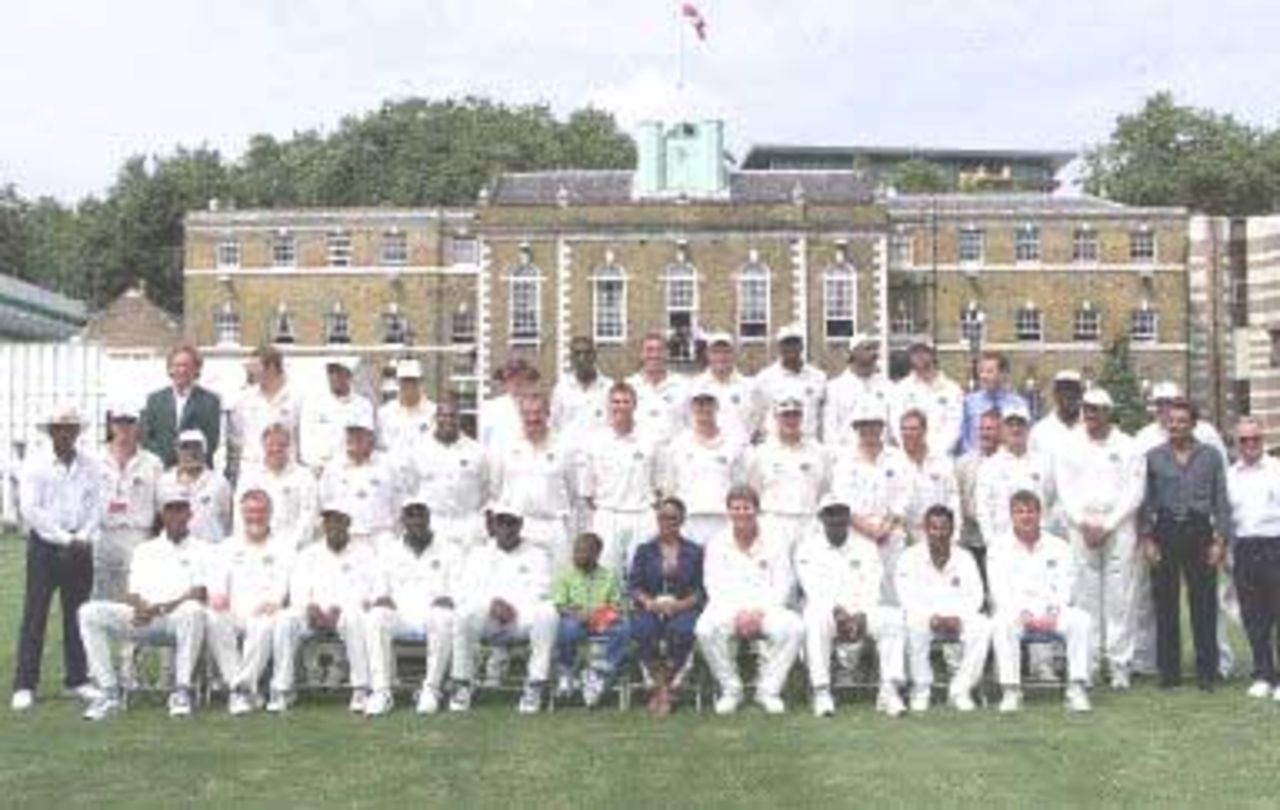 The team photo for the the Malcolm Marshall memorial match at the Honourable Artillery Company cricket ground in London on Thursday, 27 July 2000, including cricket-legend such as Brian Lara, Viv Richards, Shane Warne and Wasim Akram. The match was played in honour of Malcolm Marshall, the West Indies fast bowler who died of cancer last year at the age of just 41, to raise money for his widow Connie and 7-year old son Mali (seated front row C).