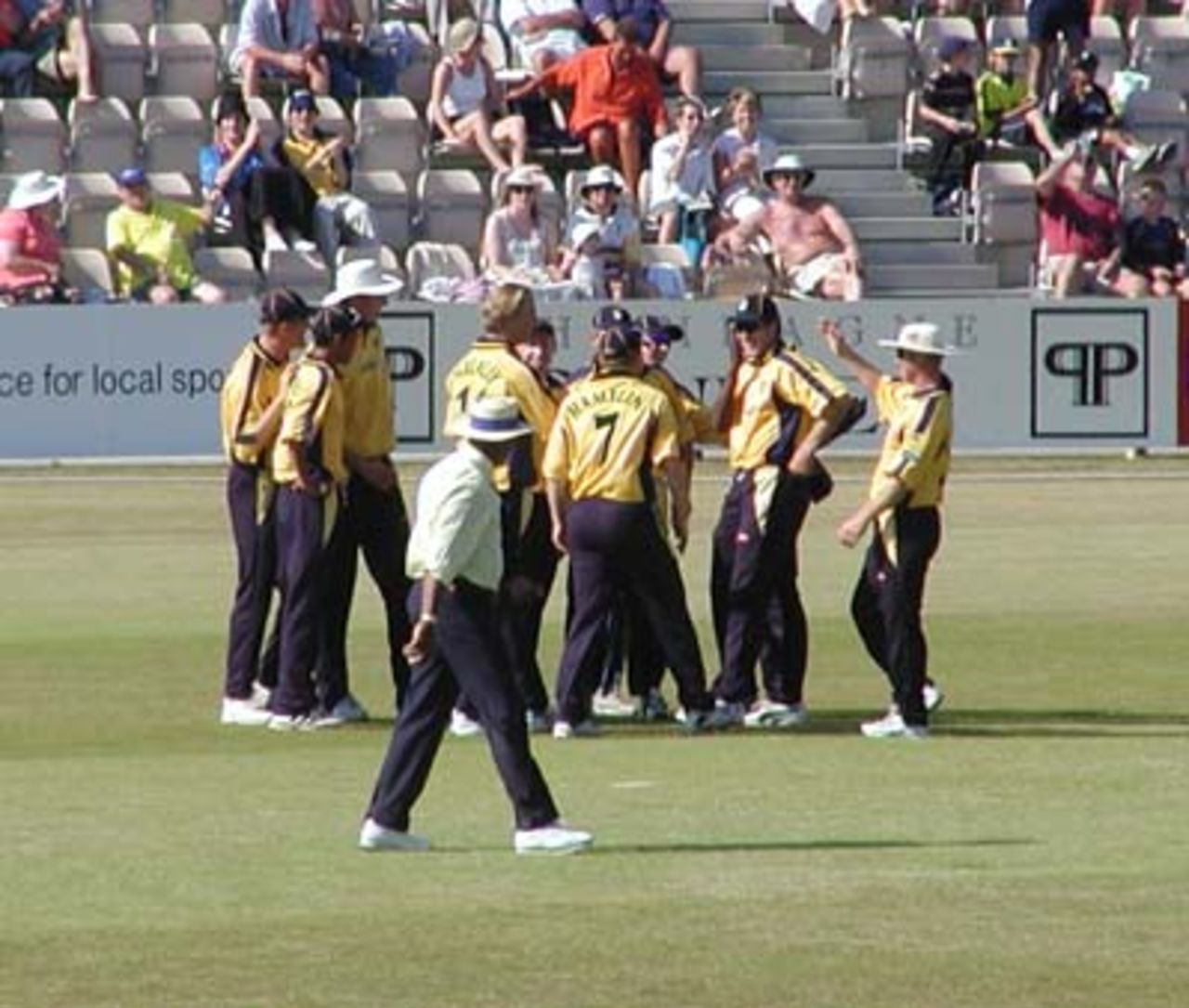 Hampshire players mob Alan Mullally after he takes stunning catch.