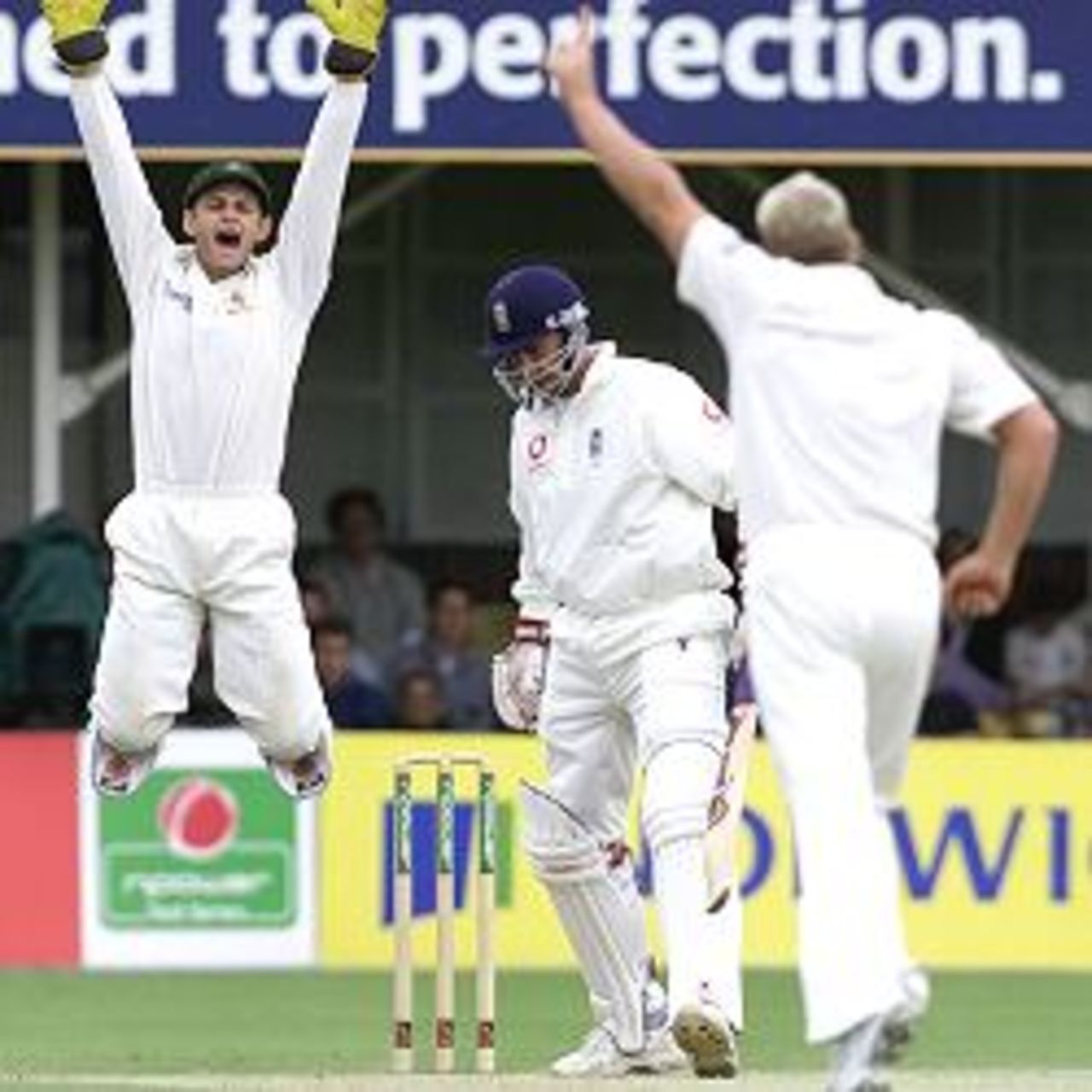 Shane Warne of Australia celebrates the wicket of Ashley Giles of England during the 4th day of the npower Ashes first test match between England v Australia at Edgbaston, Birmingham.