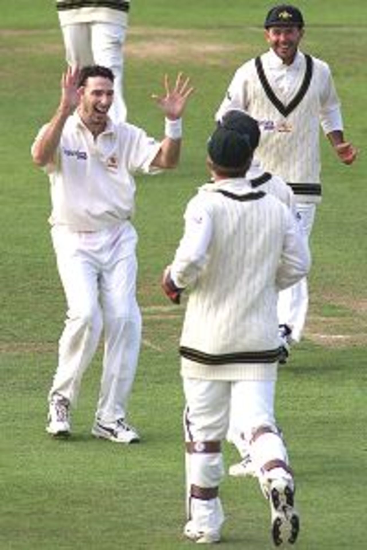 Damien Fleming of Australia celebrates his fifth wicket, Rob Turner of Somerset caught by Justin Langer for 42, during day two of the tour match between Somerset and Australia, played at Somerset County Ground, Taunton, England.