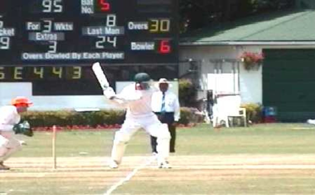 Namibian D Kotze cuts on his to 28 in the ICCT 2001 Final