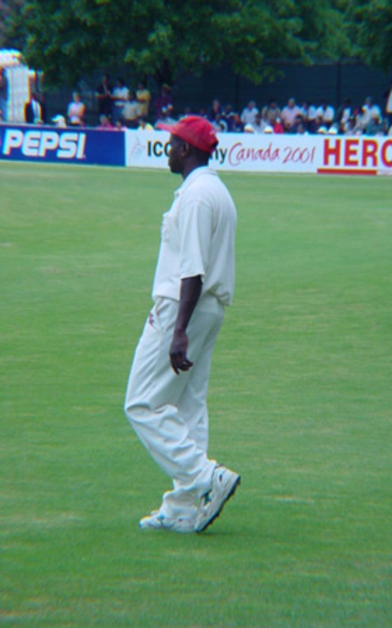 Canadian  Desmond Chumney looks towards the middle from the outfield. ICC Trophy 2001: Canada v Scotland, Toronto Cricket, Skating and Curling Club, 17 July 2001.