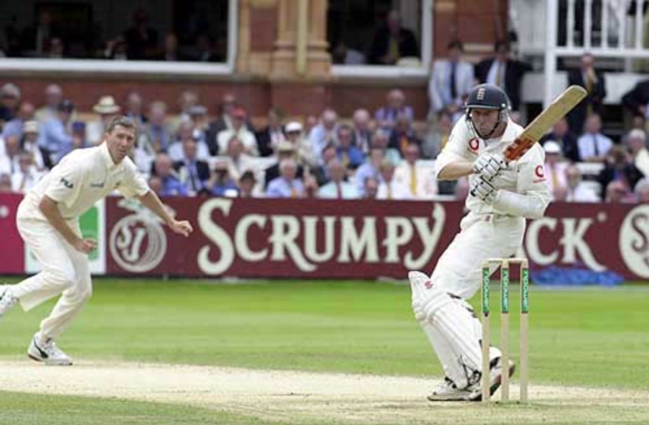 Atherton hooks a delivery from McGrath in the England second innings, England v Australia, The Ashes 2nd npower Test, Lords, 19-23 July 2001
