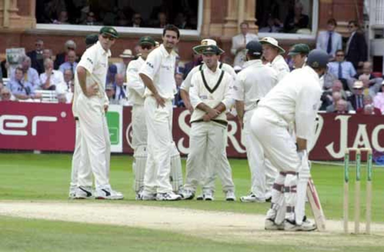 Atherton waits to bat as the Aussies celebrate the wicket of Trescothick, England v Australia, The Ashes 2nd npower Test, Lords, 19-23 July 2001
