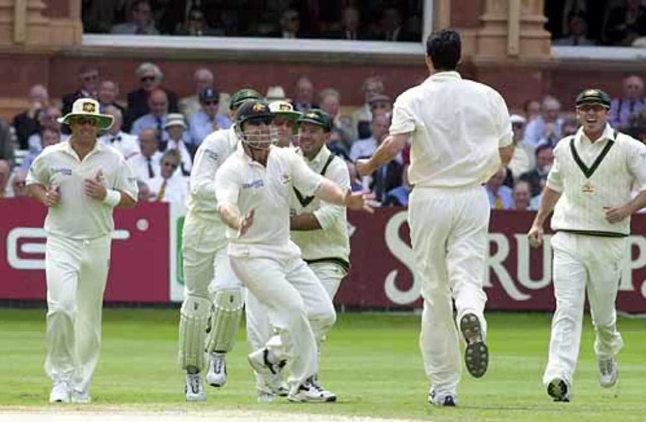 Michael Slater waits to congratulate Gillespie on getting the wicket of Trescothick, England v Australia, The Ashes 2nd npower Test, Lords, 19-23 July 2001