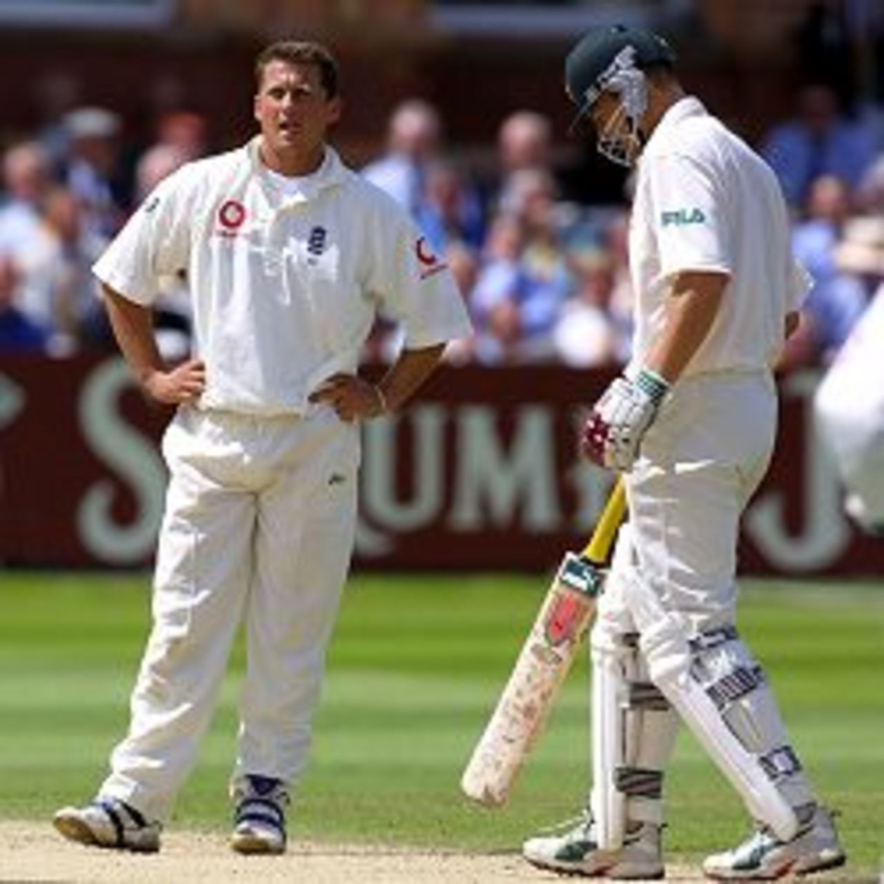 21 Jul 2001: A dejected Darren Gough of England as he sees Adam Gilchrist of Australia drop again during the third day of the Second Npower Test between Engalnd and Australia at Lord's, London.