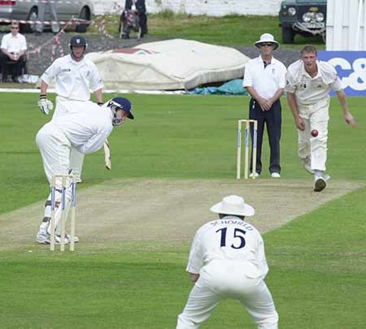 Martin Love of Durham is pinned back on his crease by a ball from Andy Flintoff, C+G Quarter Final, Blackpool, 25 Jul 2001