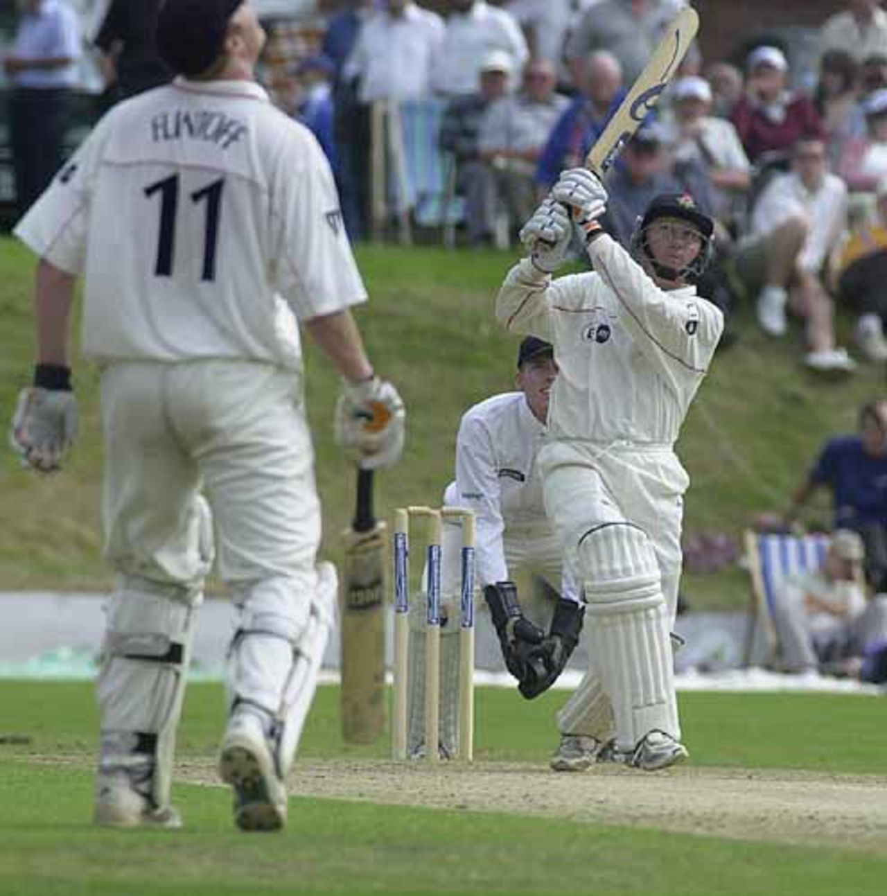 Fairbrother whacks a six over long on at the Blackpool Stanley Park ground, C+G Quarter Final, Blackpool, 25 Jul 2001
