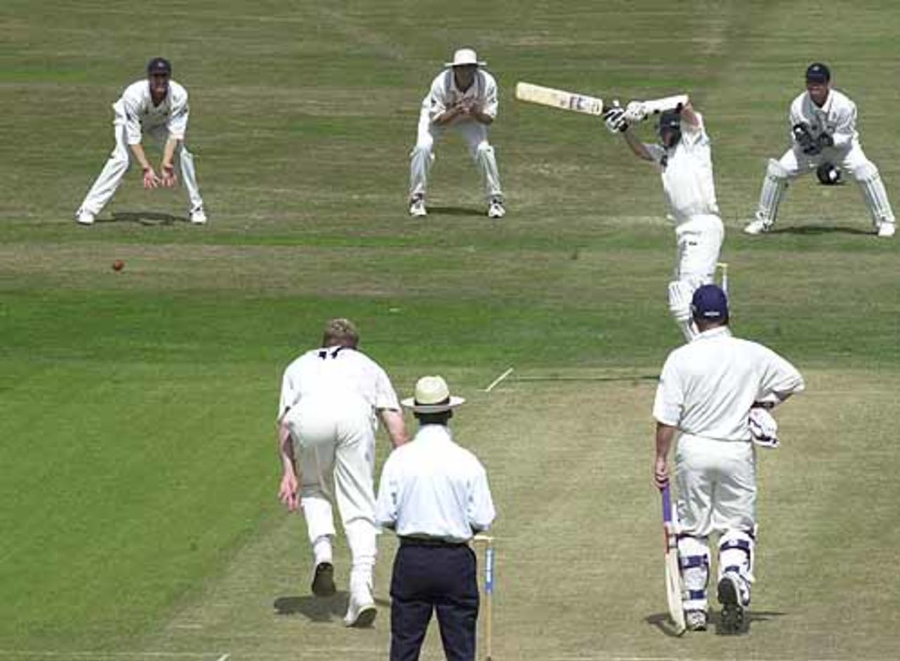 Matthew Wood plays Flintoff through the covers for 4 on day two of the Roses clash, CricInfo Championship, 29th Jul 2001, Leeds,