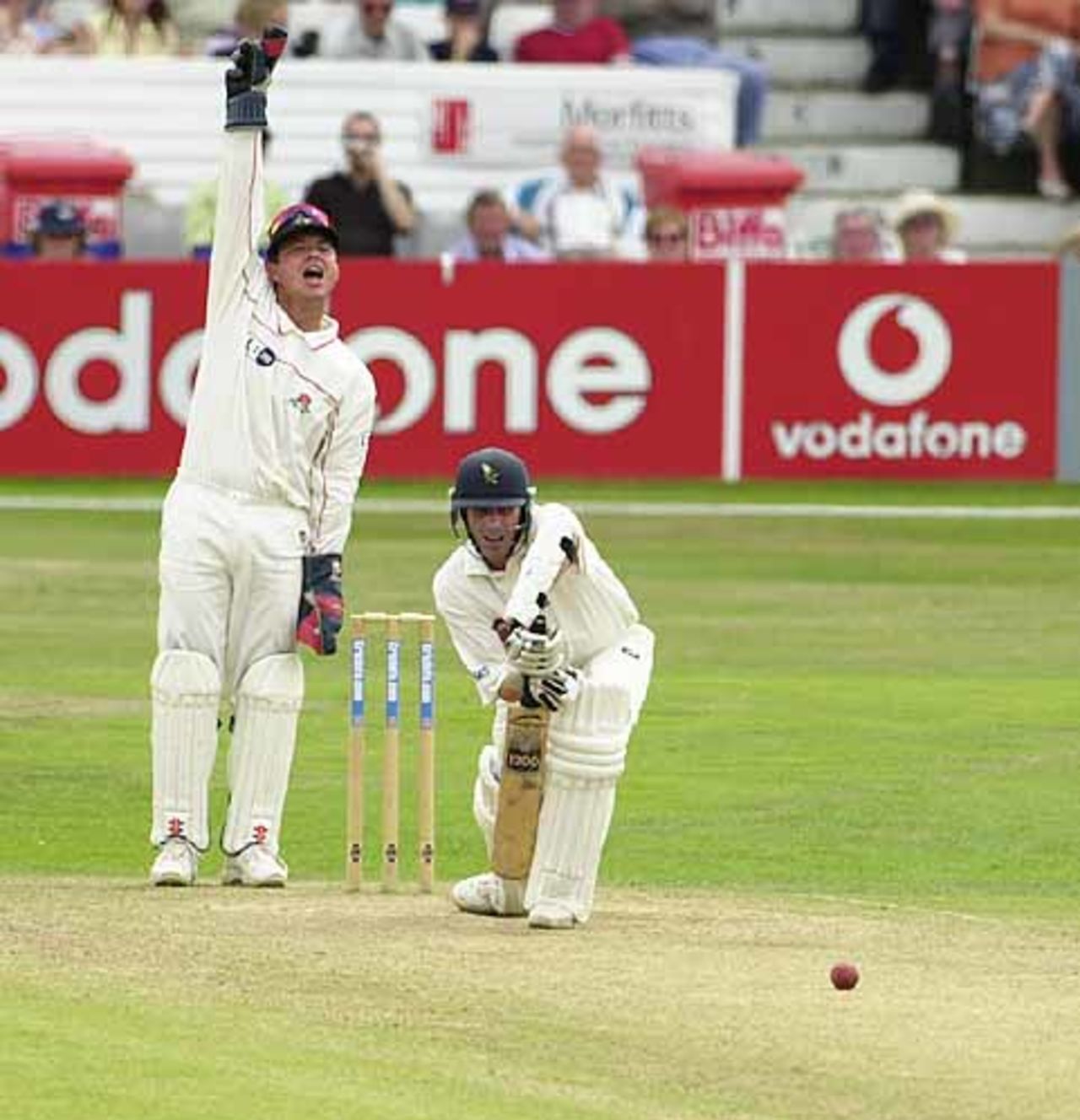 Warren Hegg wants the wicket of Wood , but not out this time, CricInfo Championship, 2nd Day, 29 July 2001