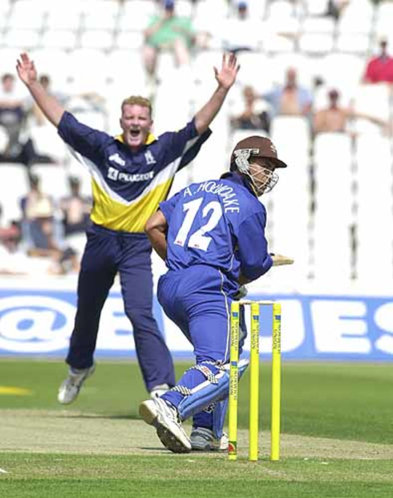 Dougie Brown wants the wicket of Adam Hollioake but not out, Norwich Union League , 29th July 2001, Birmingham