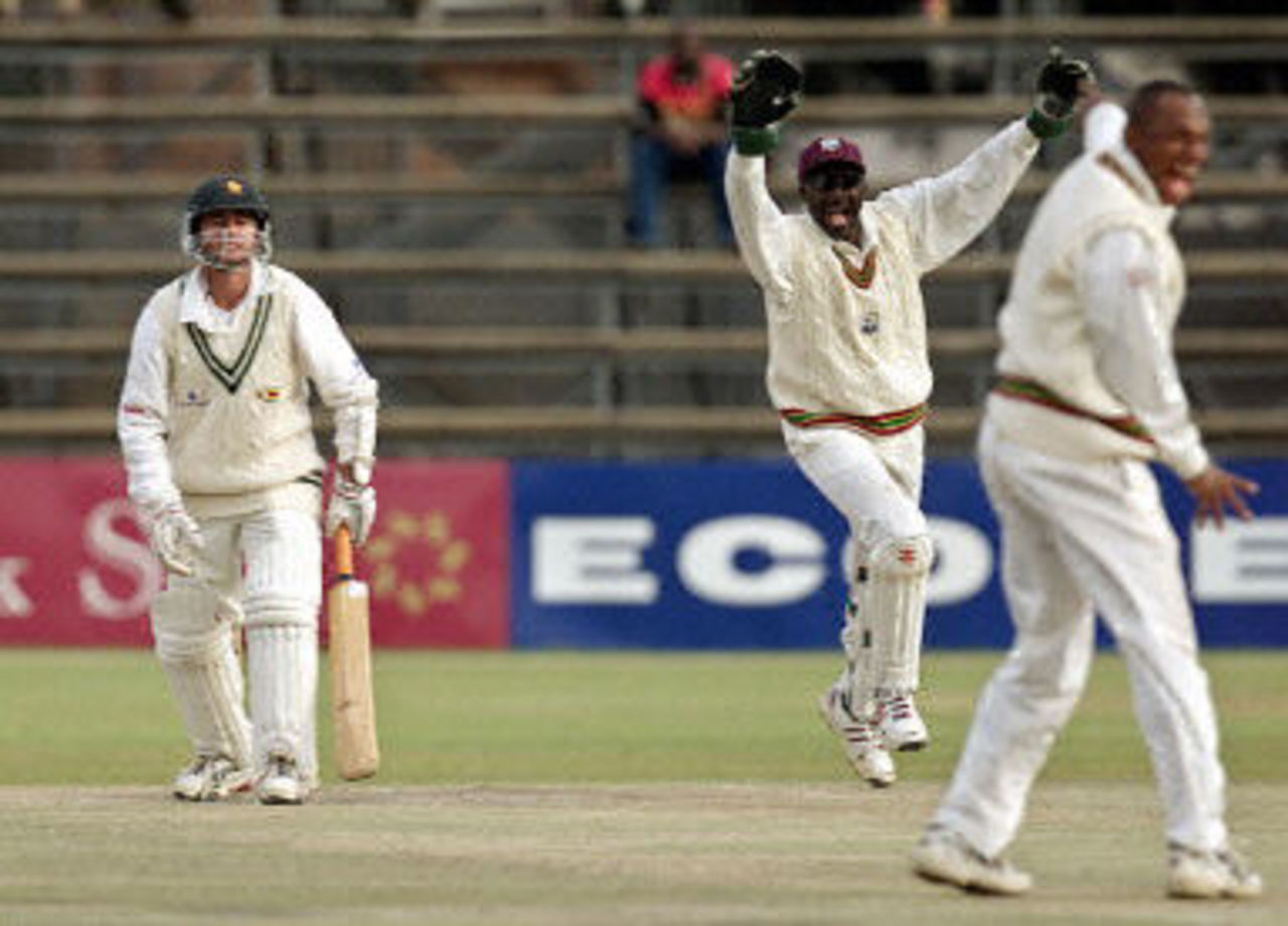 Courtney Brown and Neil McGarrell appeal for lbw against Guy Whittall, West Indies v Zimbabwe 2nd Test at Harare, 27-31 July 2001.