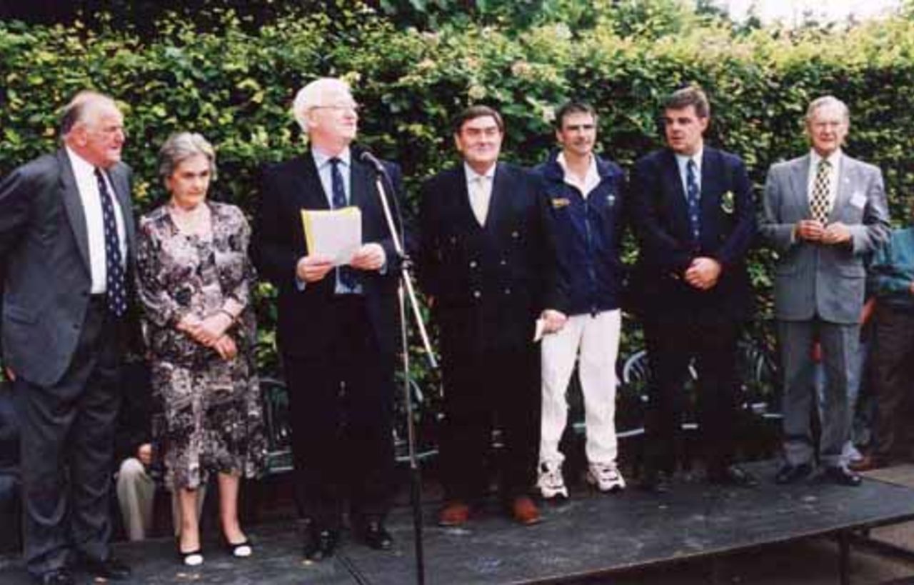 Gerard Elias makes a short speech, watched by Tom Graveney, Enid Wooller, Tony Lewis, Steve James, Mike Fatkin and David Irving