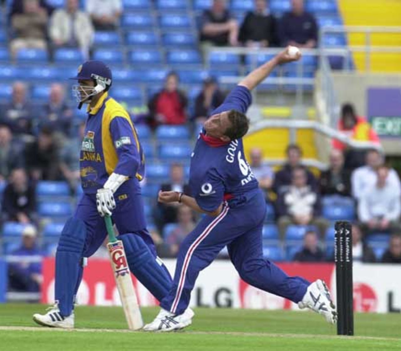 Gough bowling from the Pavilion end, England v Sri Lanka at Leeds, July 2002