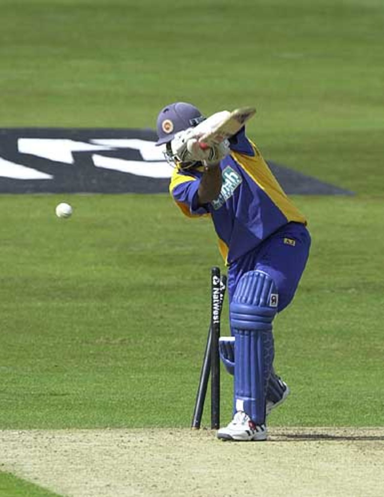 Jayawardene is clean bowled by Flintoff for 4, England v Sri Lanka at Leeds, July 2002