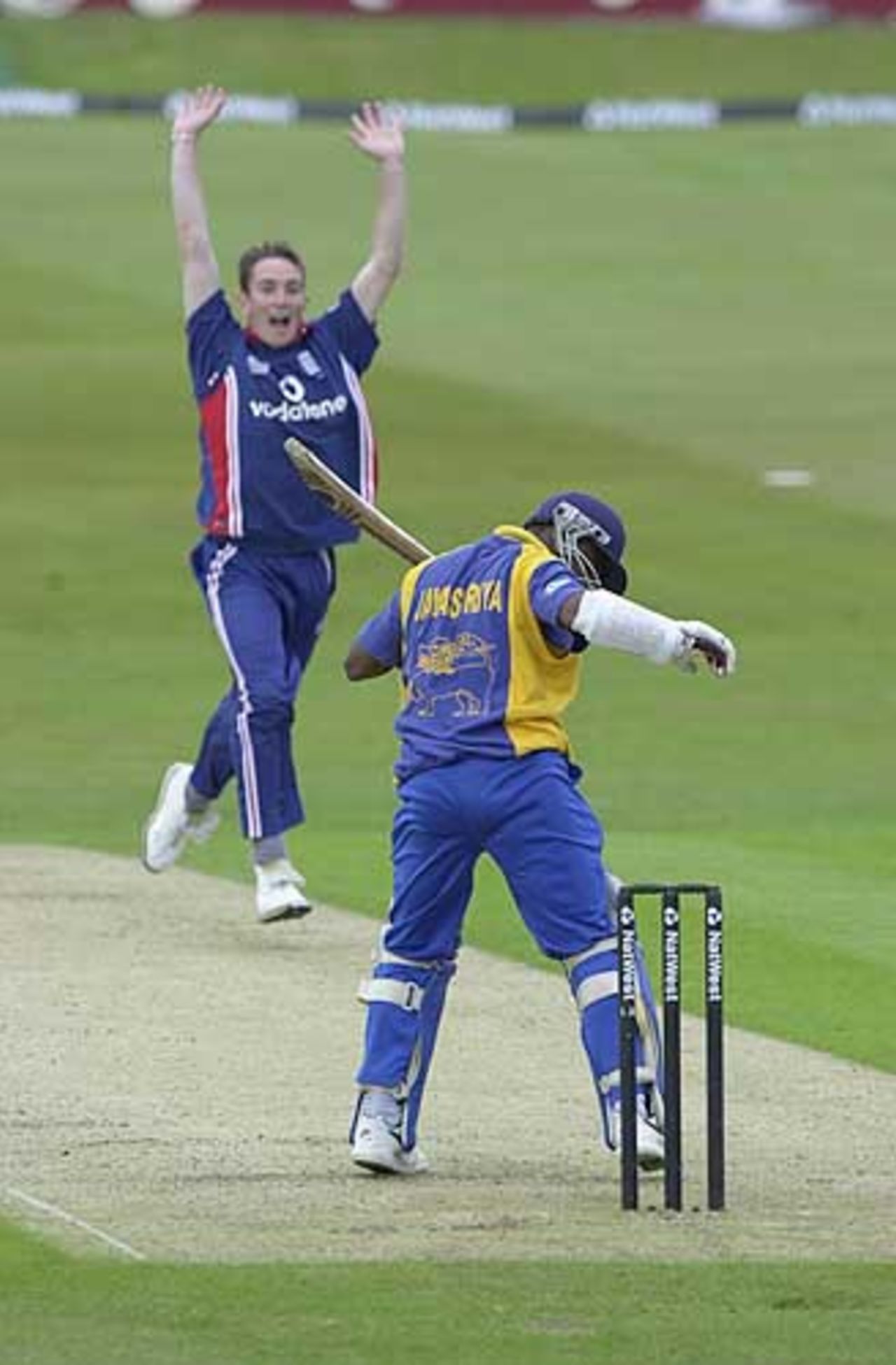 Kirtley goes up for the wicket of Jayasuriya lbw, but the umpire's finger stayed down, England v Sri Lanka at Leeds, July 2002