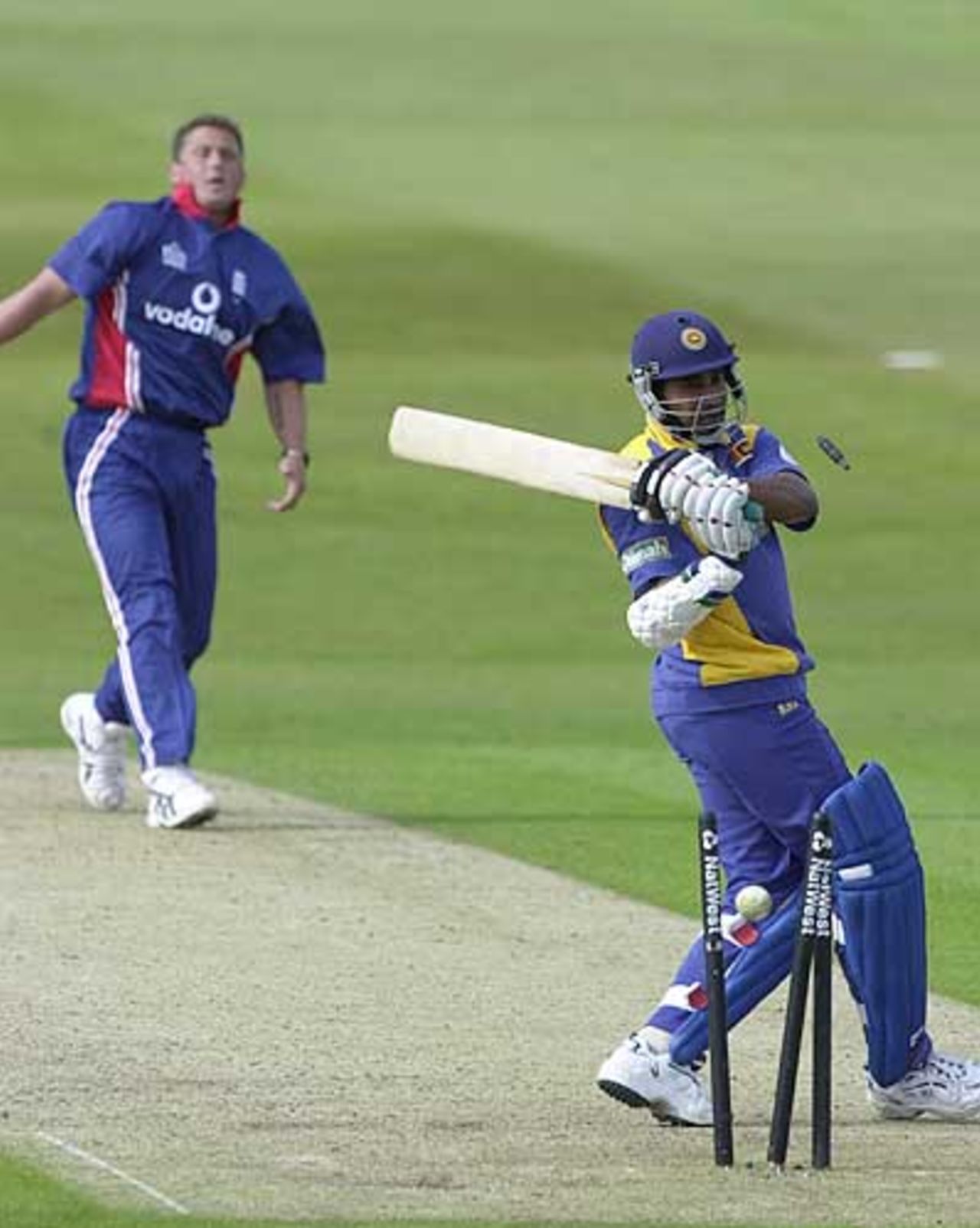 Gough cleans up Vaas for four runs, England v Sri Lanka at Leeds, July 2002
