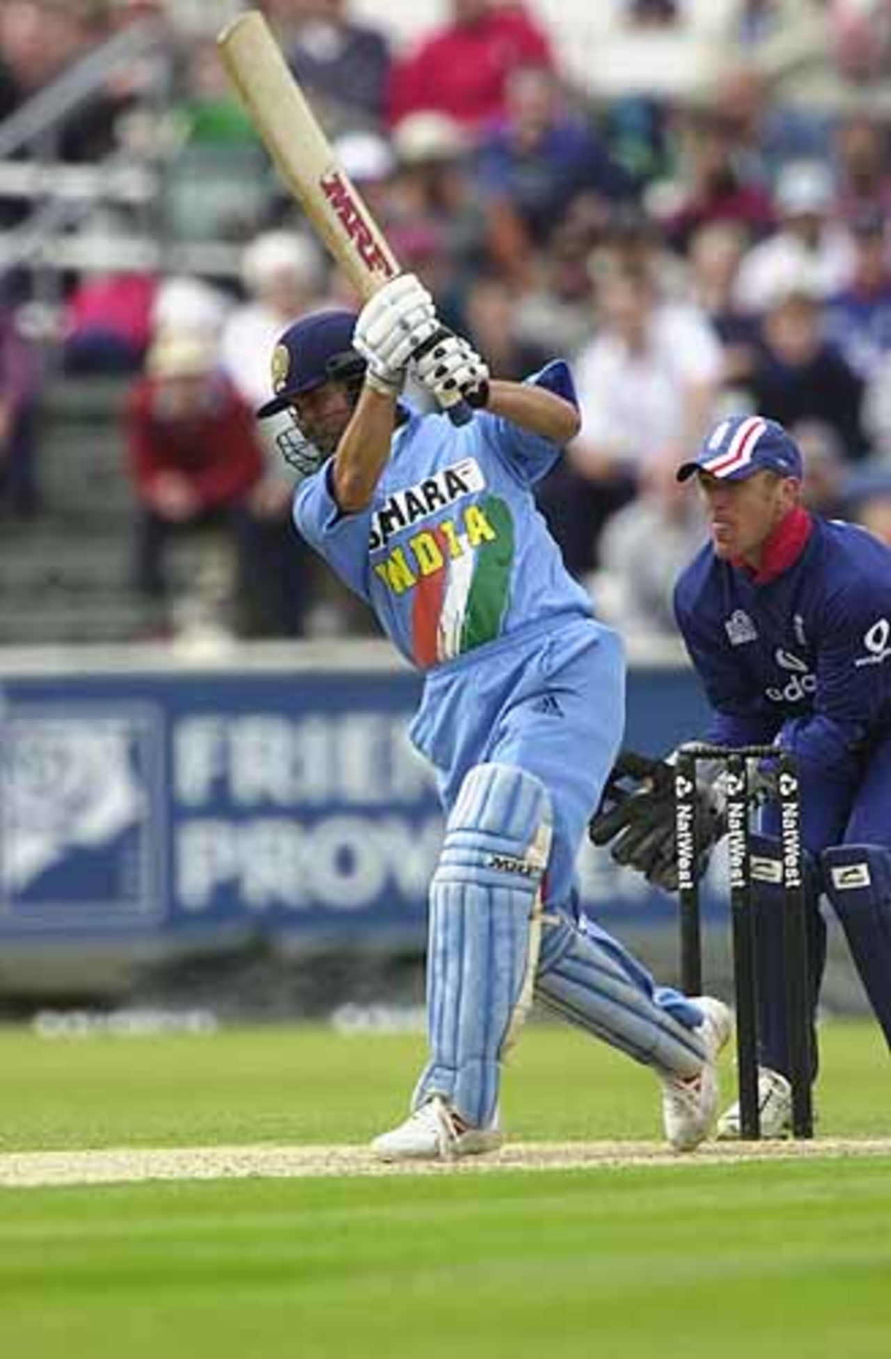 Tendulkar with a lovely drive in his majestic innings, England v India at Chester-le-Street, July 2002