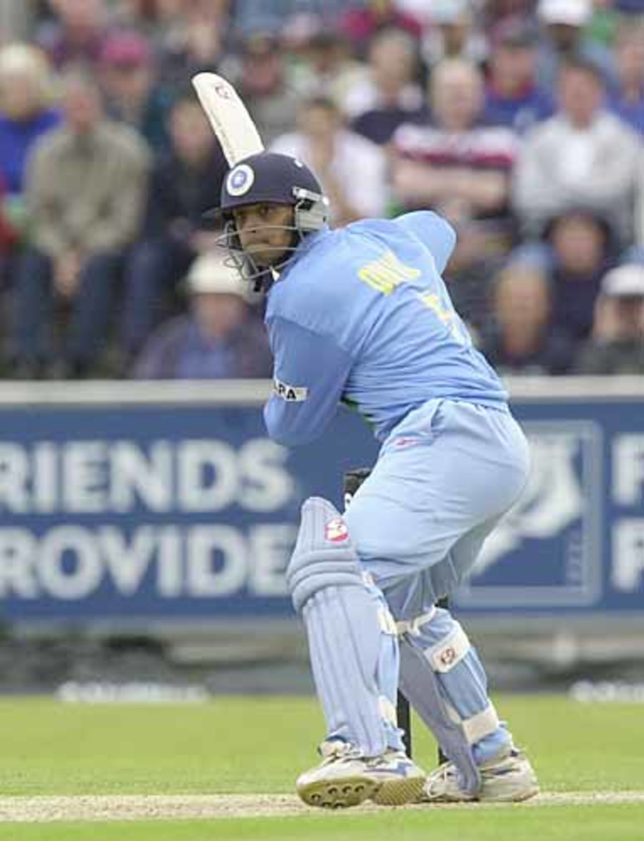 Dravid advances down the wicket as he puts on a mammoth stand with Tendulkar England v India at Chester-le-Street, July 2002