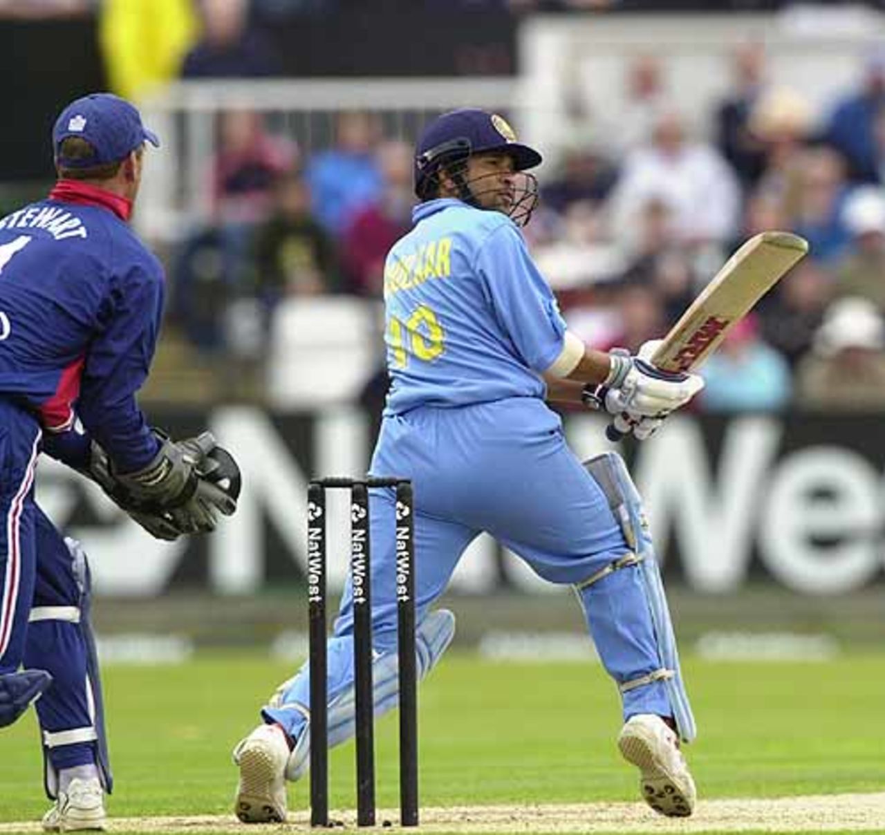 Tendulkar with an unusual reverse paddle shot, England v India at Chester-le-Street, July 2002