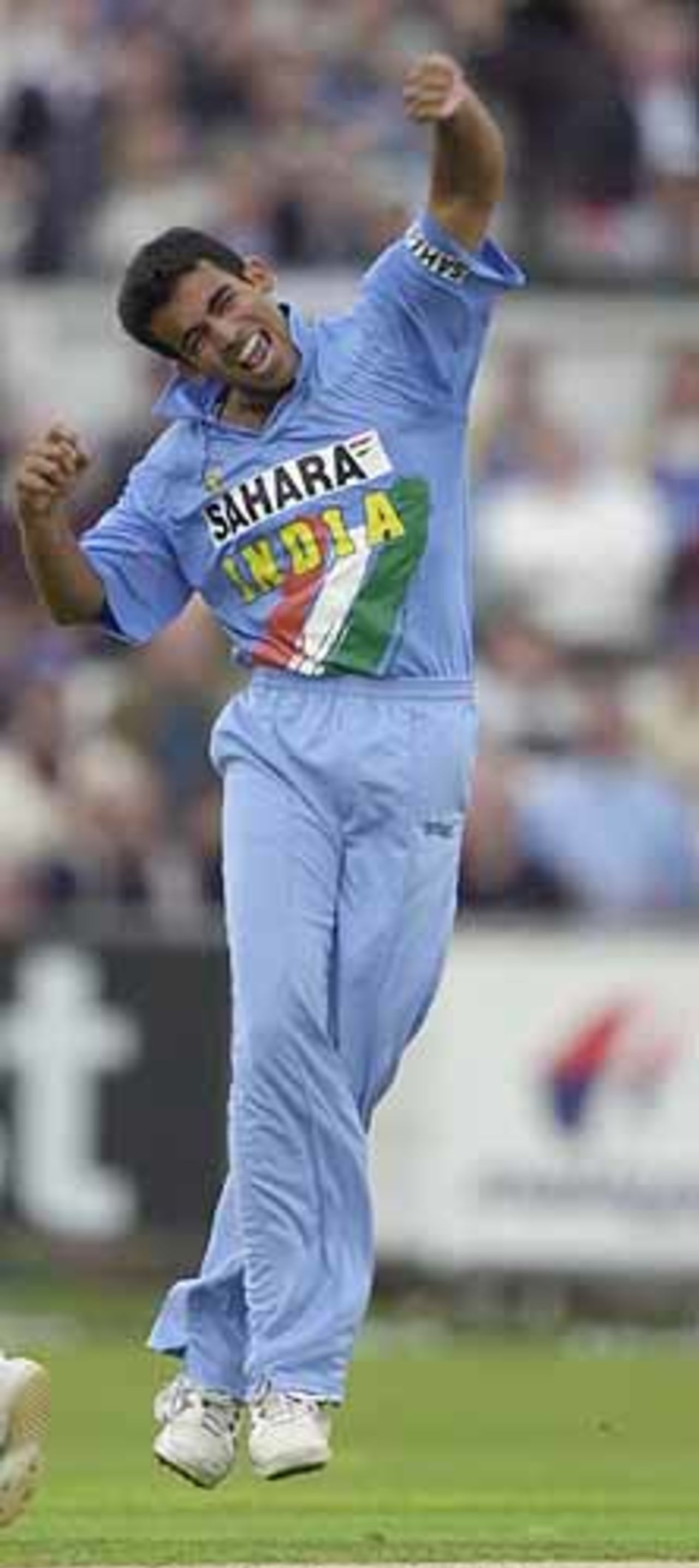 Zaheer Khan shows his delight at the wicket of Trescothick, England v India at Chester-le-Street, July 2002
