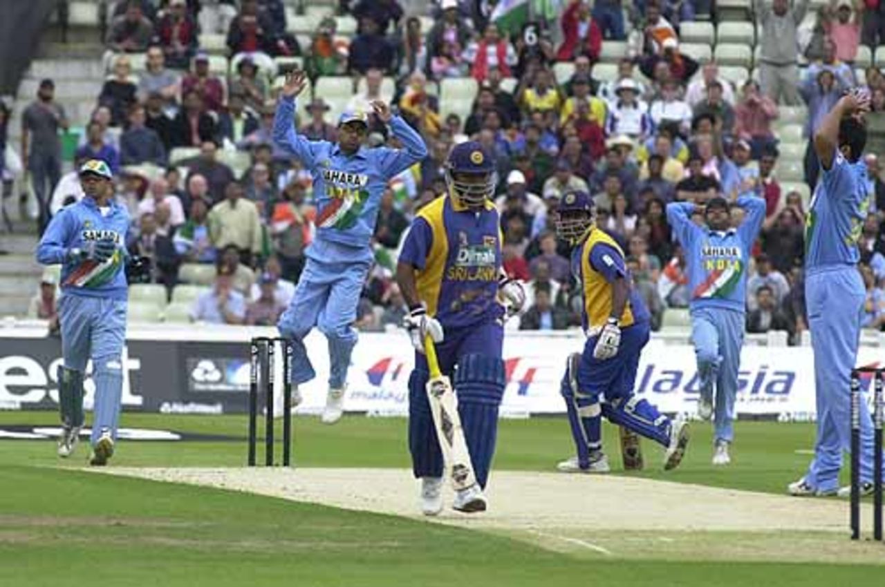 Ooh, aah, so close as Kaluwitharana has a narrow escape off the bowling of Khan , India v Sri Lanka at Birmingham, July 2002