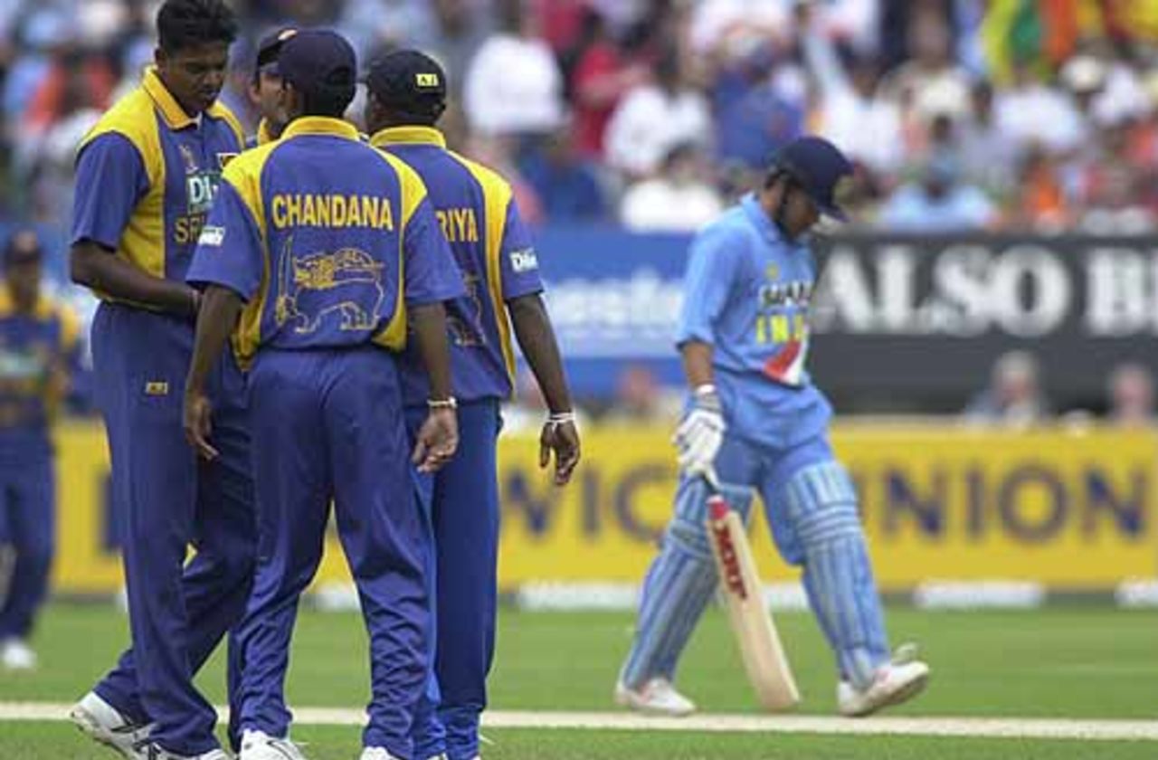 Tendulkar trudges off after being snared by Fernando, India v Sri Lanka at Birmingham, July 2002