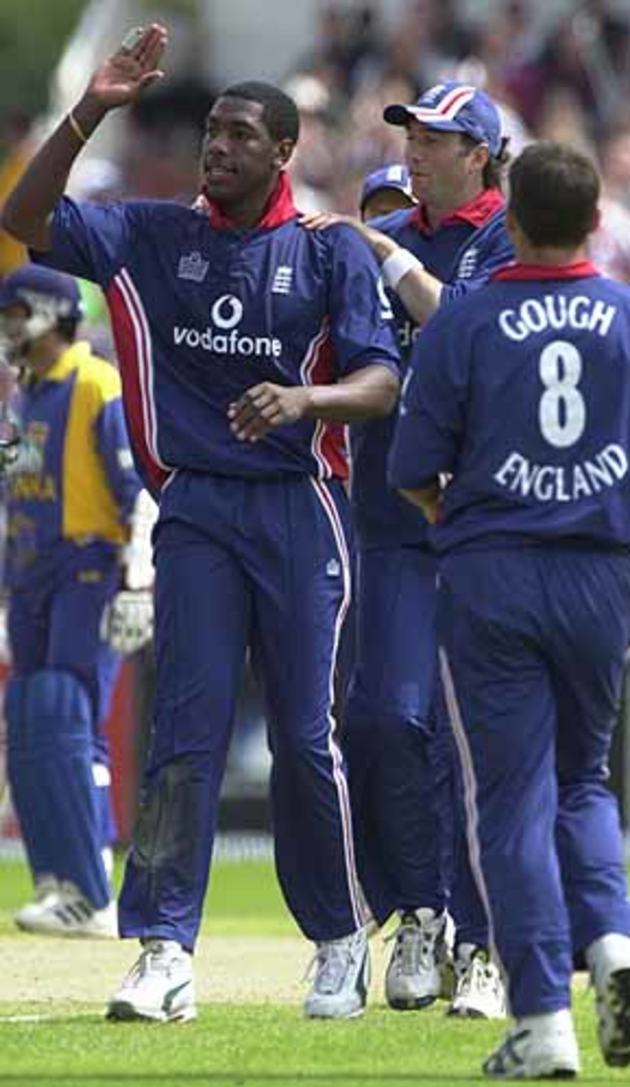 Alex Tudor has just got his first wicket in one day international cricket, England v Sri Lanka at Manchester, July 2002