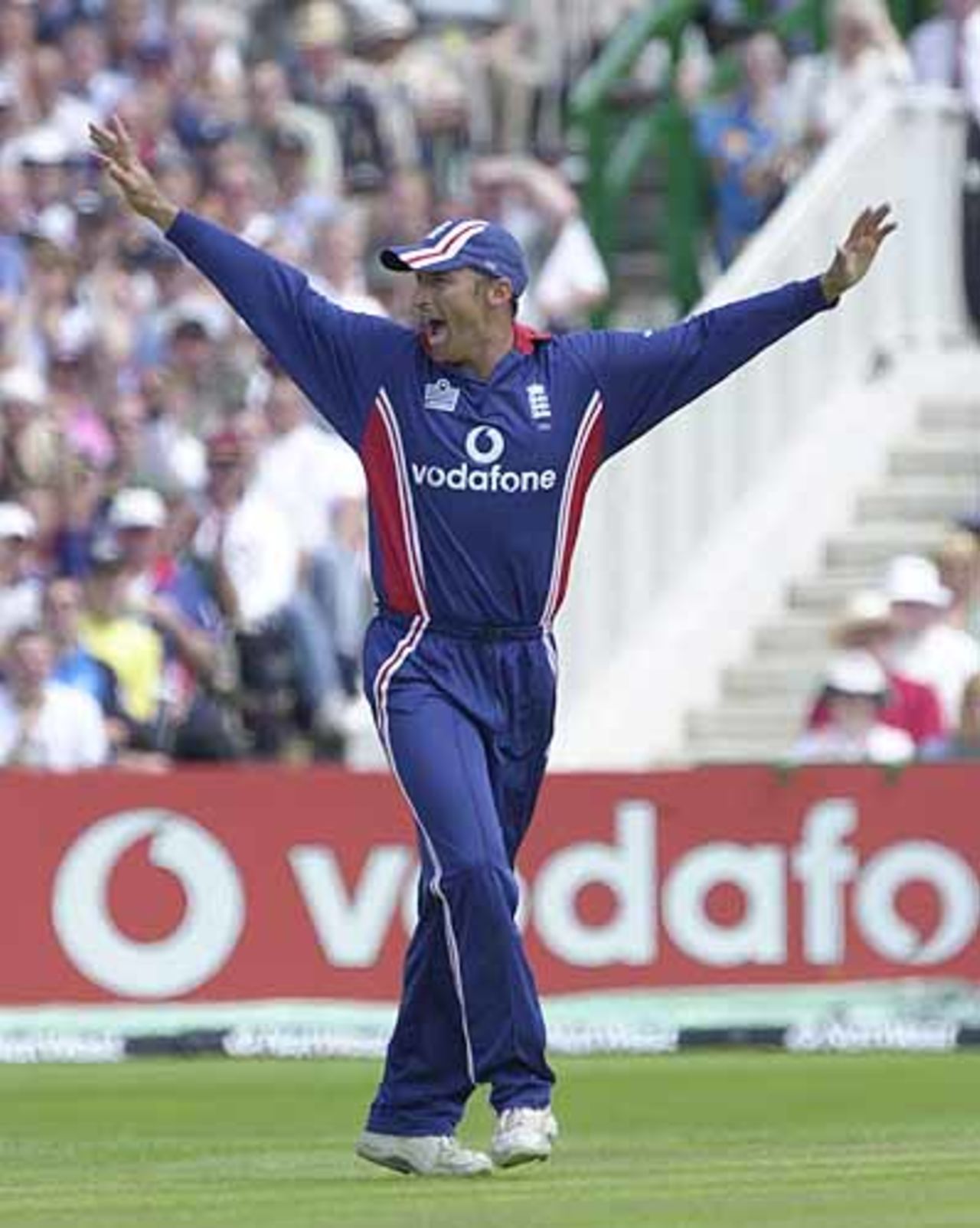 Nasser Hussain proclaims the run out of Jayawardene after some excellent Tudor fielding, England v Sri Lanka at Manchester, July 2002
