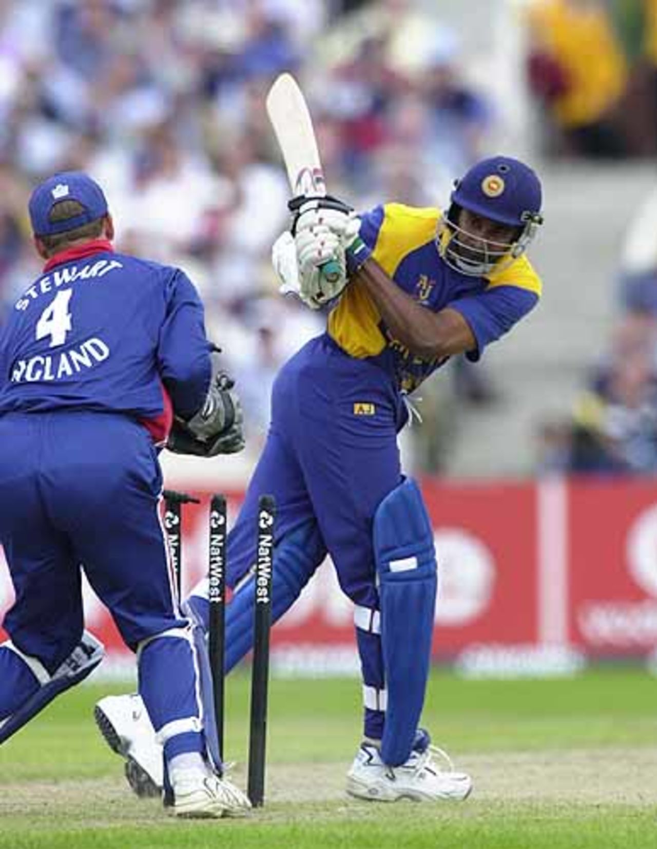 Chaminda Vaas is clean bowled by Michael Vaughan, England v Sri Lanka at Manchester, July 2002