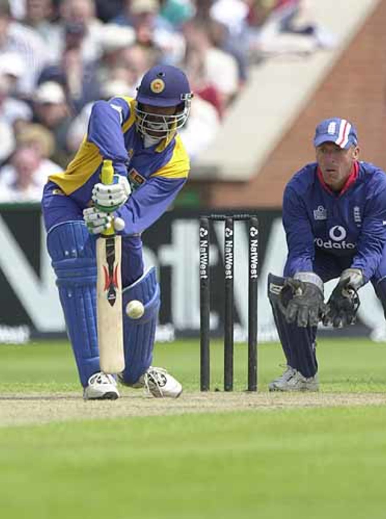 Russel Arnold with a forward defensive, England v Sri Lanka at Manchester, July 2002