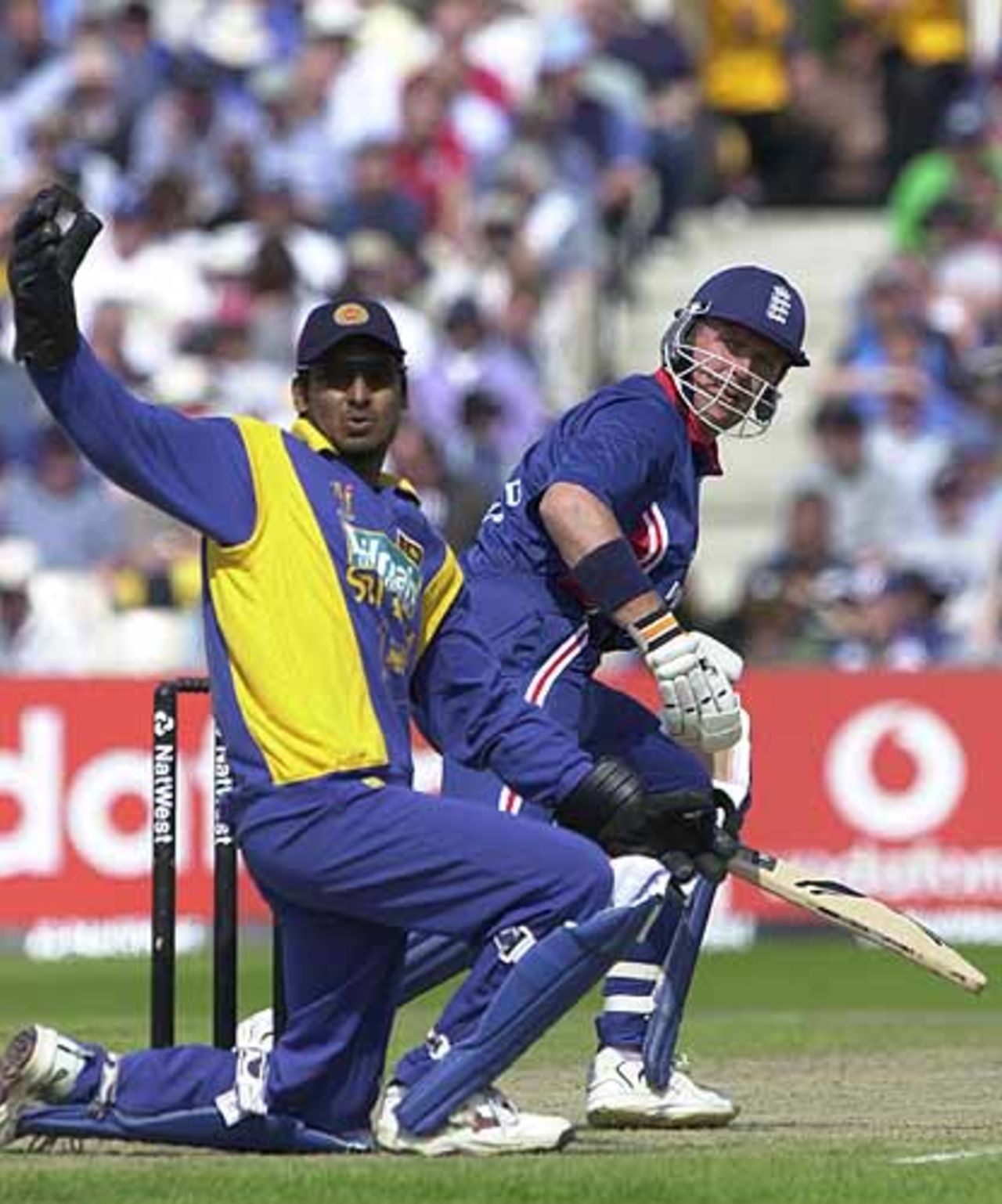 Stewart has tickled a ball past the Sri Lankan keeper for a single, England v Sri Lanka at Manchester, July 2002