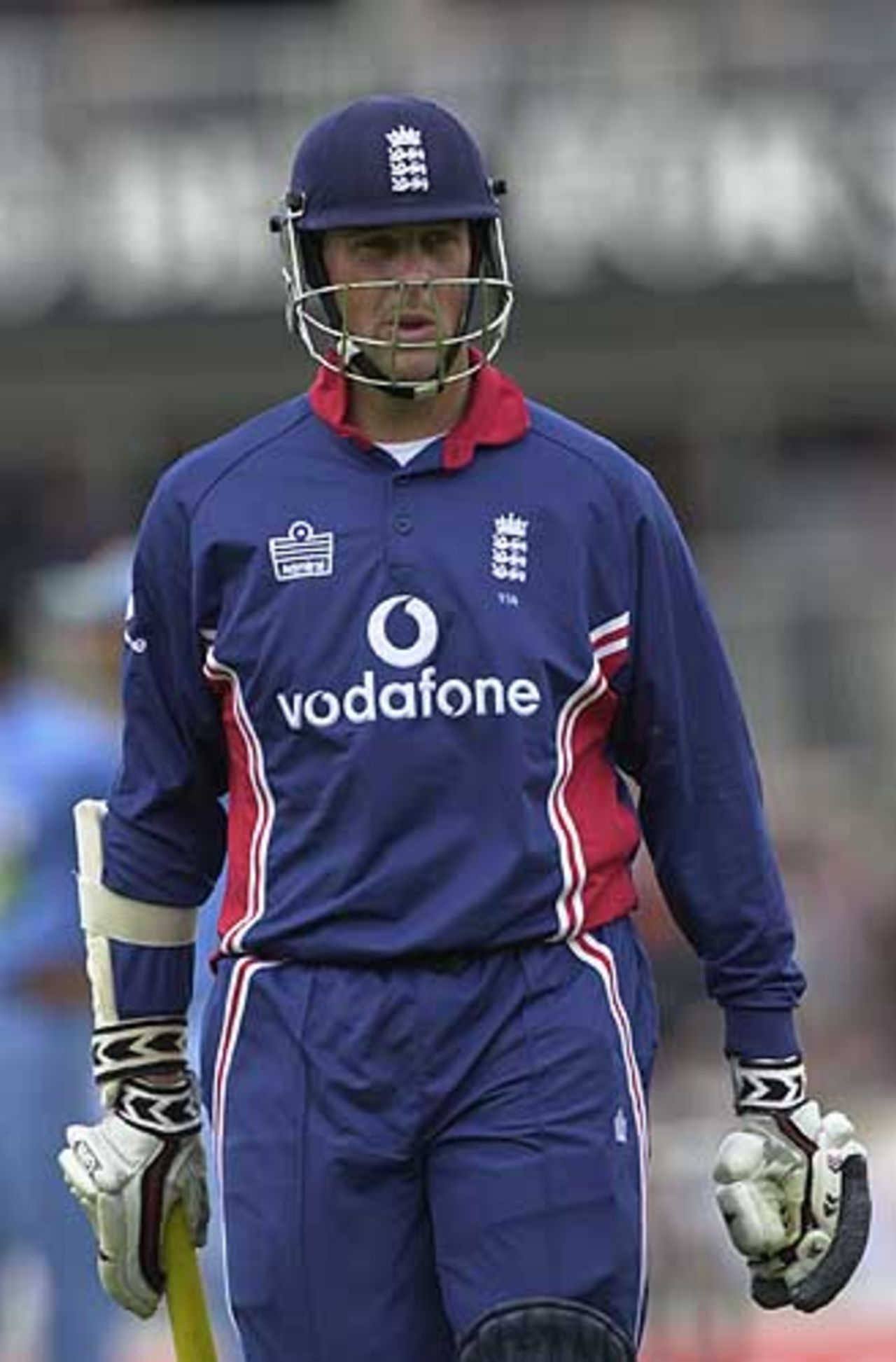England's Trescothick looks a little sore after failing to negotiate Kumble's first ball of the match, England v India at The Oval, July 2002