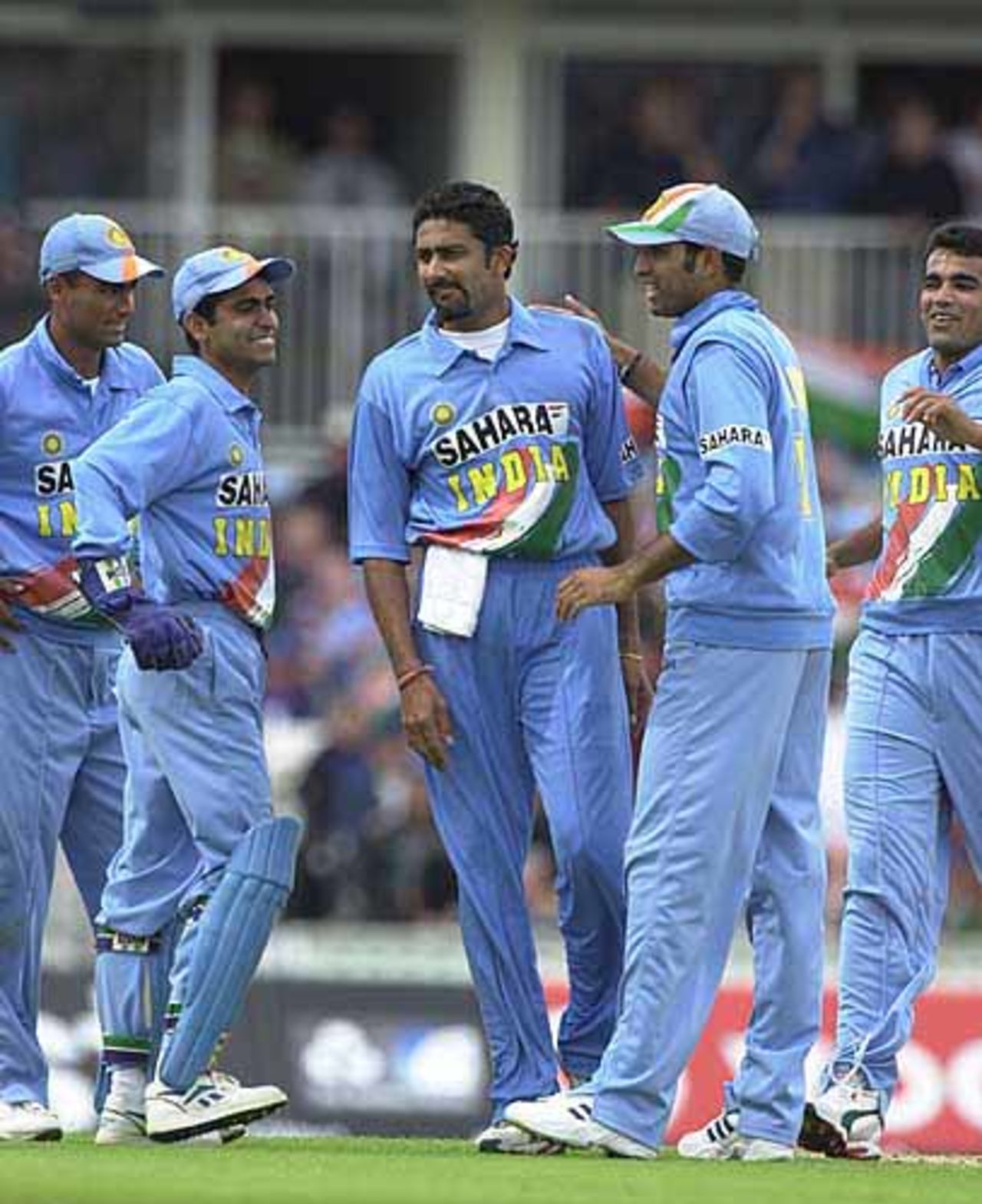 Anil Kumble is congratulated after bowling Trescothick with his first ball of the game, England v India at The Oval, July 2002