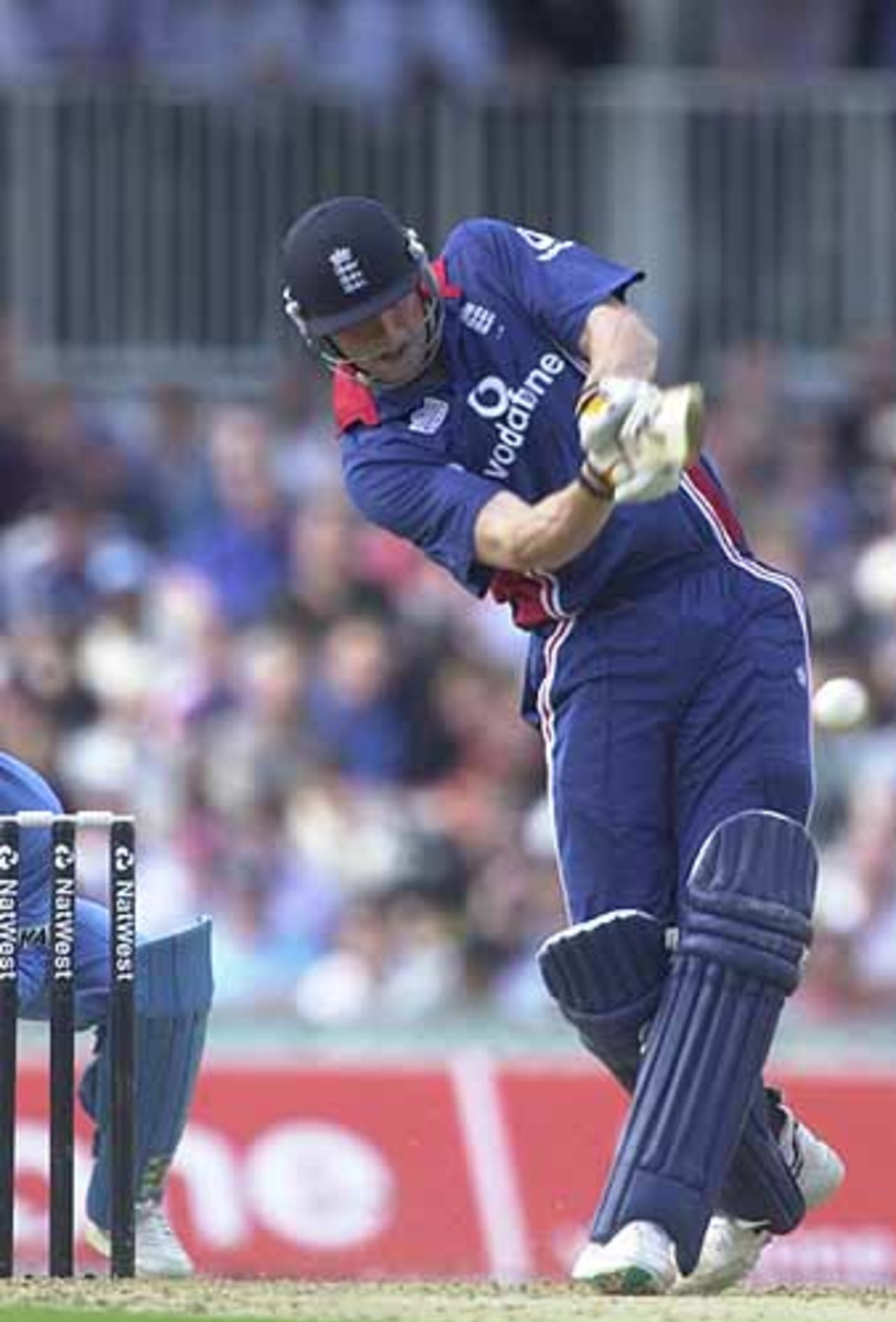 Flintoff gives the ball a whack in his half century, England v India at The Oval, July 2002