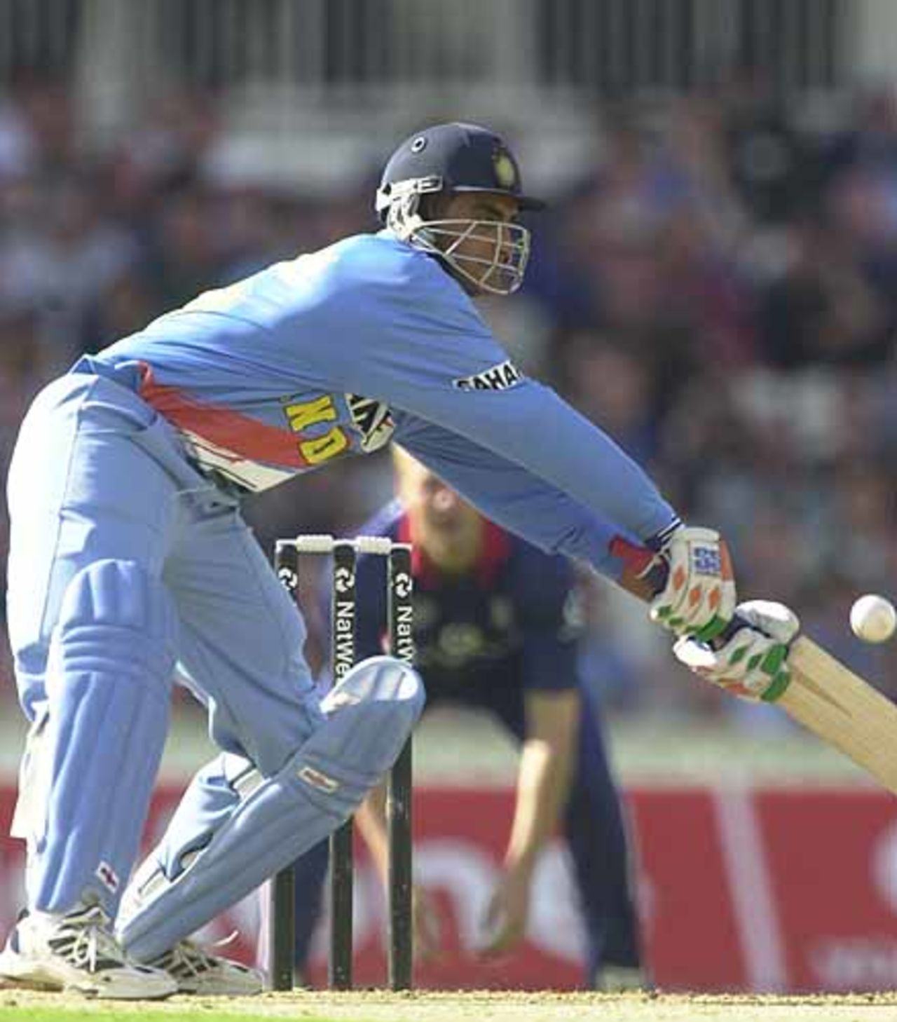 Ganguly manages to touch this Tudor delivery in to the hands of Flintoff at slip., England v India at The Oval, July 2002