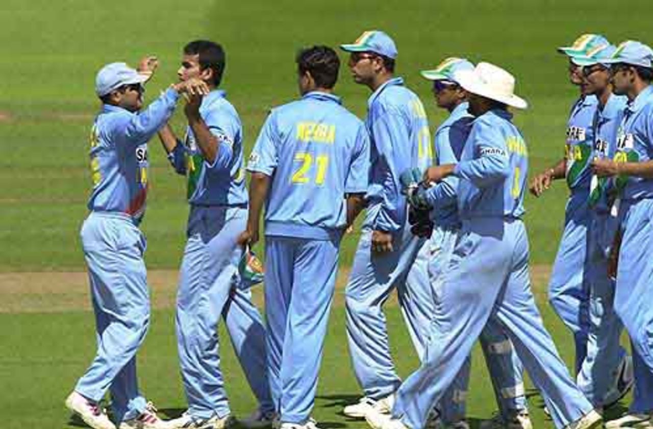 Zaheer Khan gets his team mates congrats on getting Knight for 14, NatWest Series Final, 13th July 2002