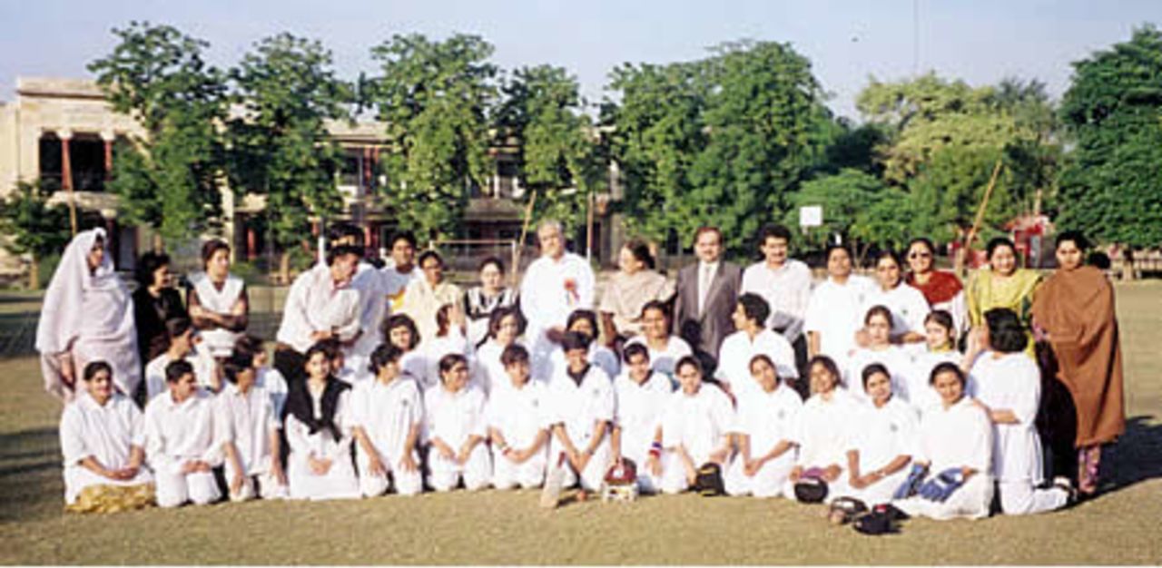 National Open Trial members for the Women World Cup 97 with Khalid Mahmood, Chairman PCB and PWCA officials, Lahore College for Women, Lahore