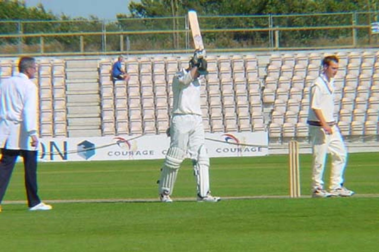 David Wheeler celebrates his century for Hampshire Under 17s against Somerset Under 17s at The Rose Bowl