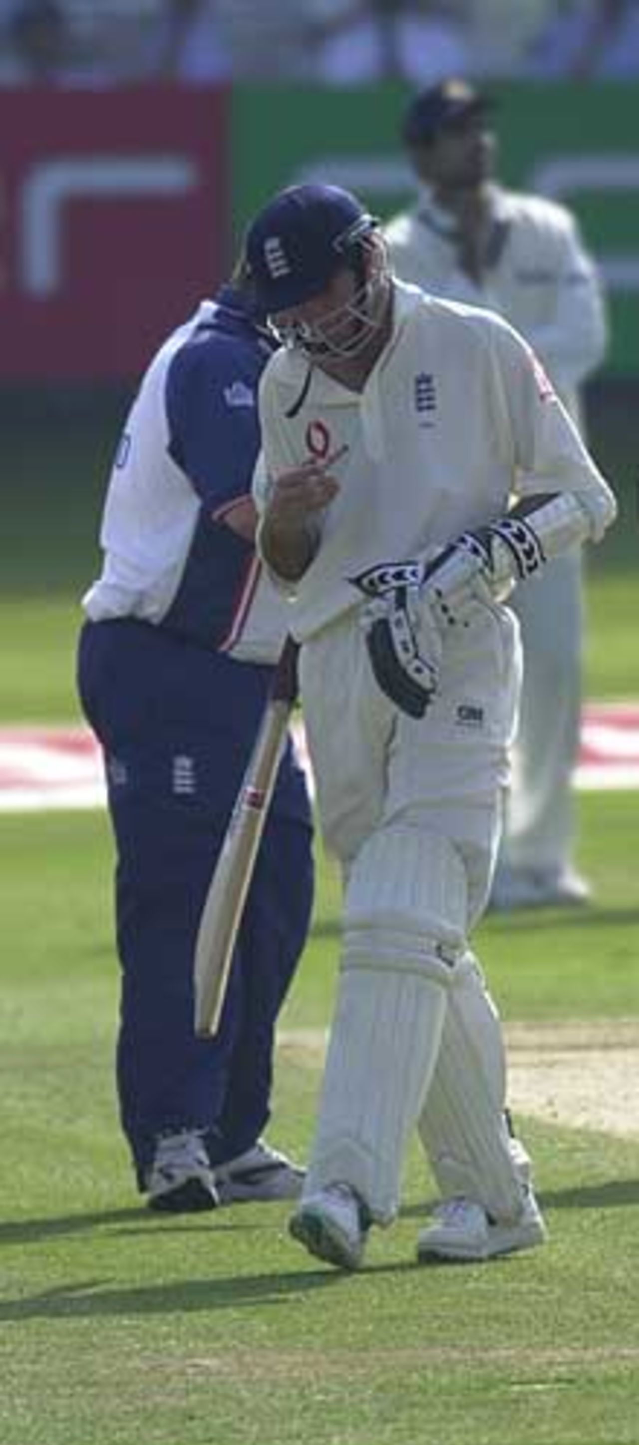 Vaughan after a painful blow on the thumb from Agarkar, England v India 1st npower Test at Lord's