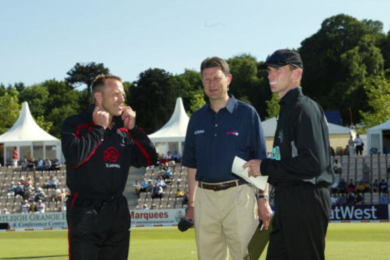 Chris Adams (Sussex), Charles Coleville (Sky TV) and John Crawley (Hampshire) await the toss