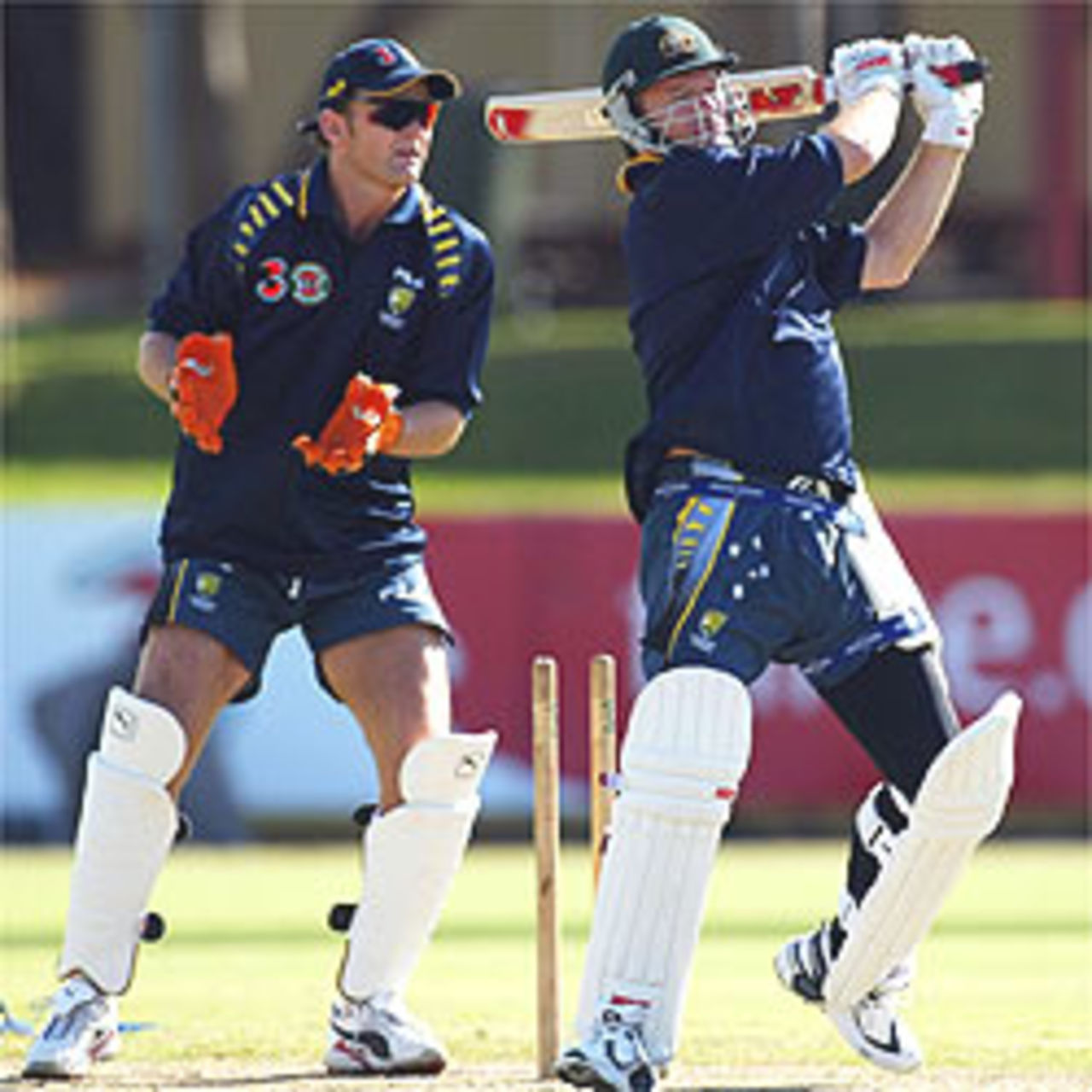 DARWIN - JULY 17: Steve Waugh and Adam Gilchrist of Australia in action during training on July 17, 2003 at Marrara Oval in Darwin, Australia.